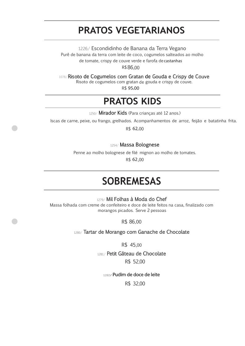 Restaurante Mirador cardápio