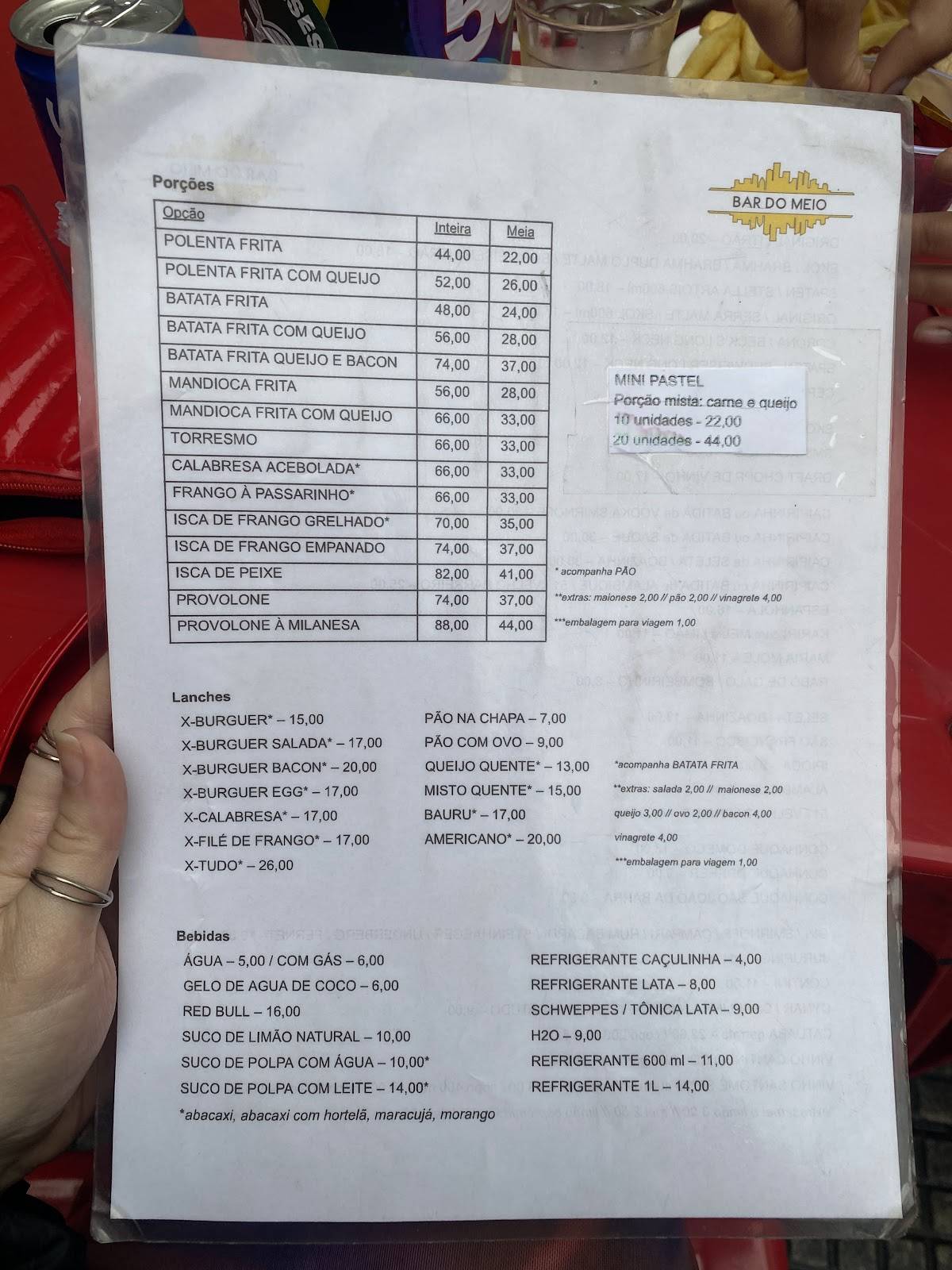 Restaurante do Meio cardápio