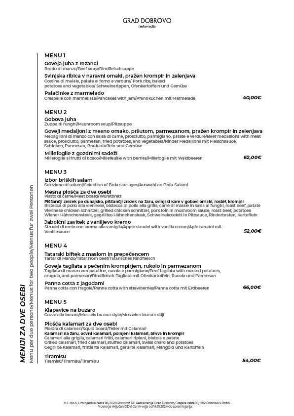 Menu di Restavracija Grad Dobrovo 