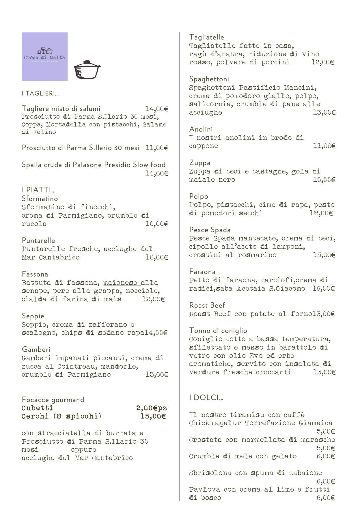 Menu di Croce di Malta Caffè Cucina Vini 
