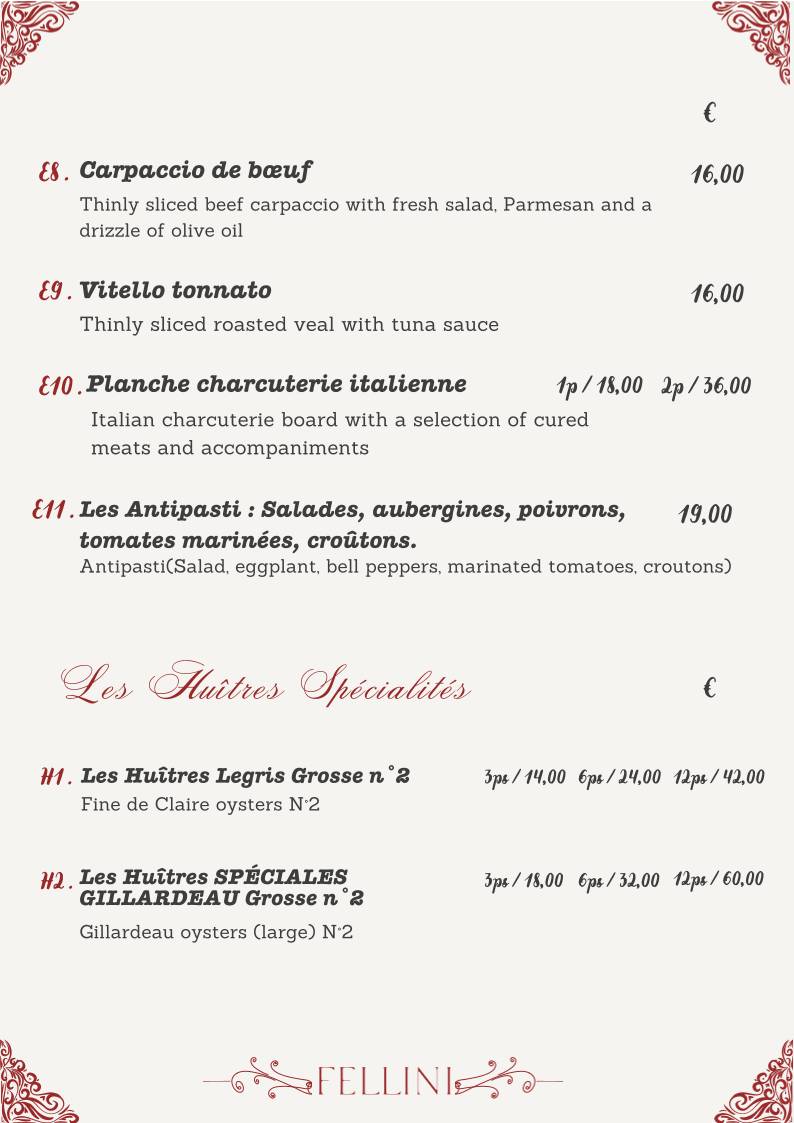 Menu de Ristorante Fellini