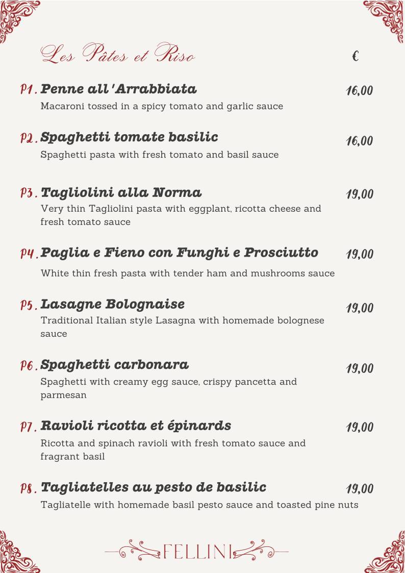 Menu de Ristorante Fellini