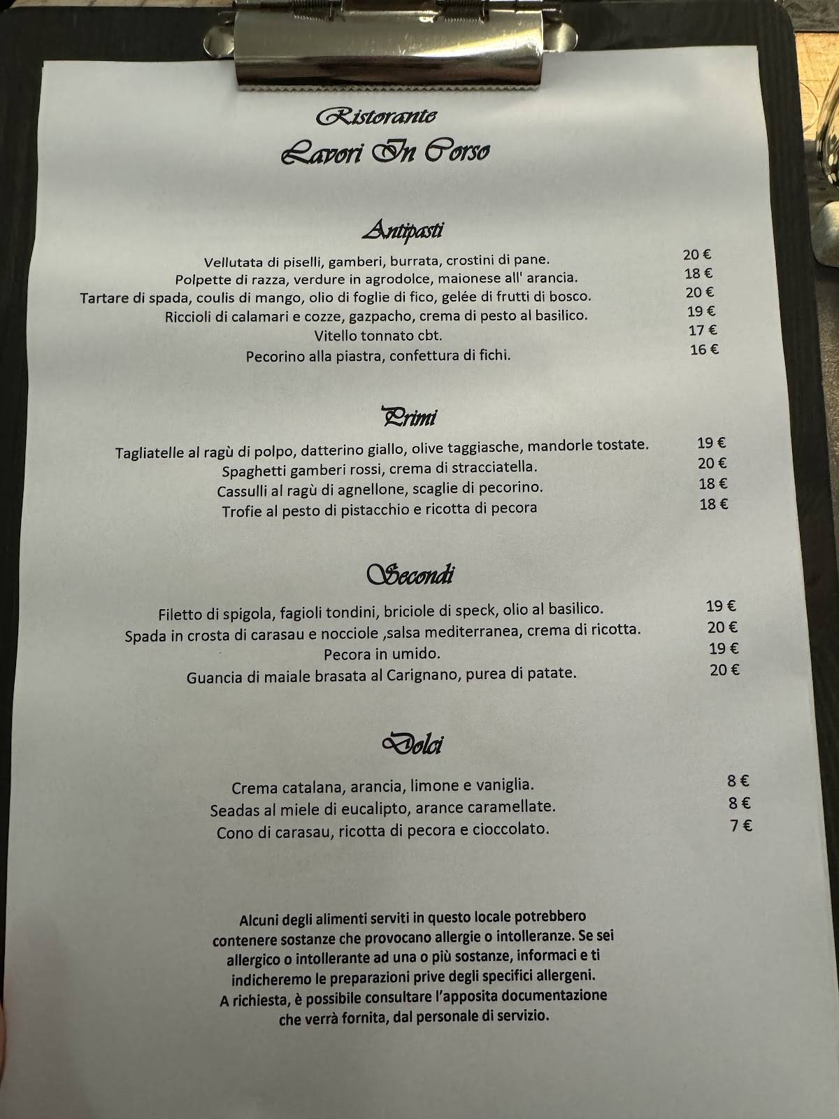 Menu di Ristorante Lavori in corso 