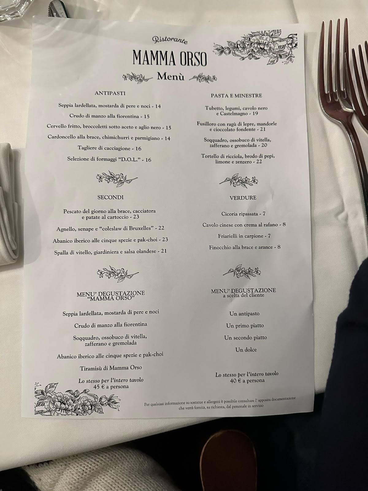 Menu di Ristorante Mamma Orso 