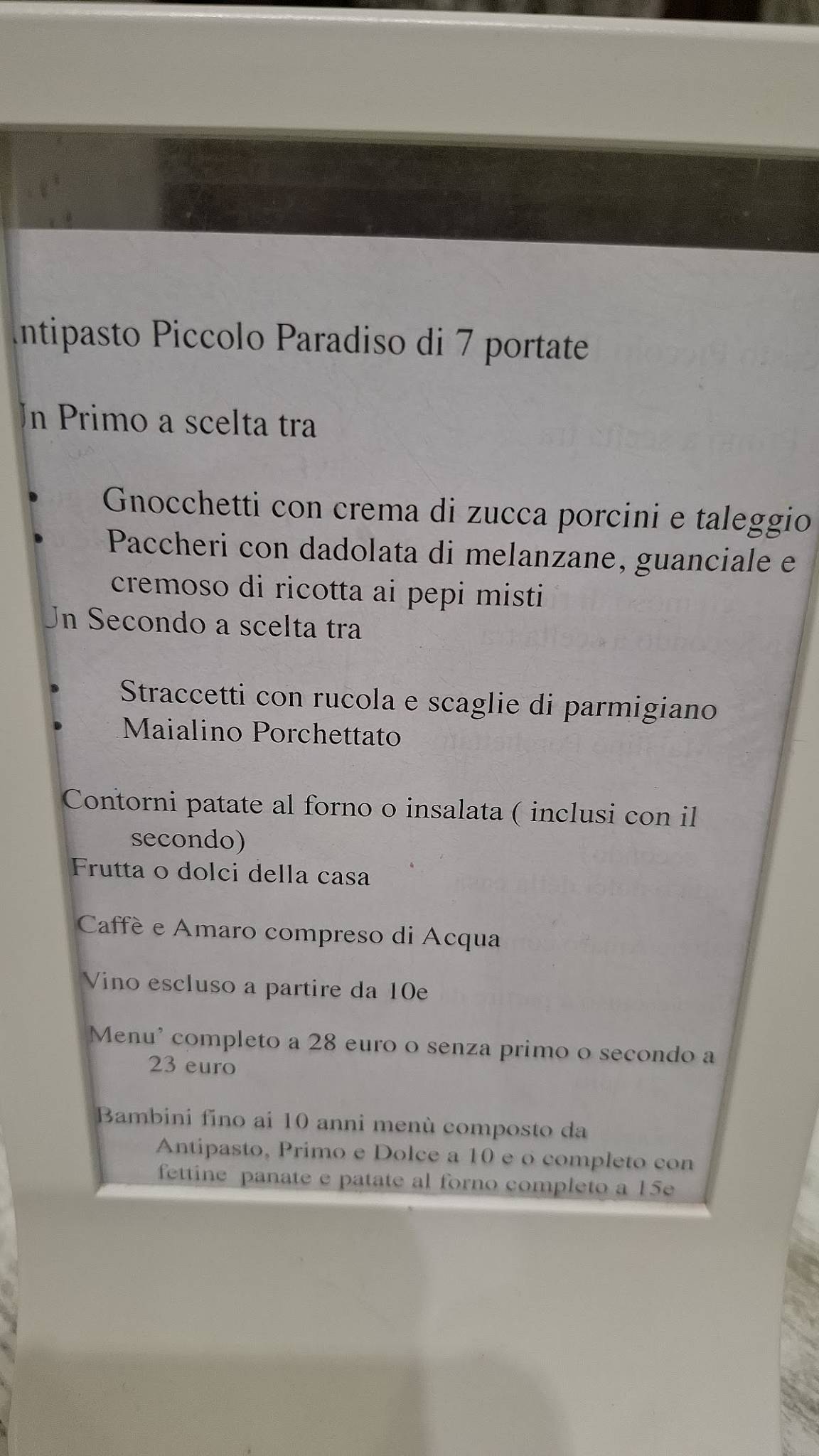 Menu di Ristorante Paradiso Ricevimenti 