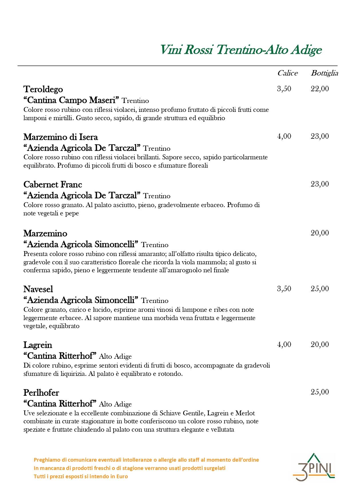 Menu di Ristorante Pizzeria Bar Tre Pini 