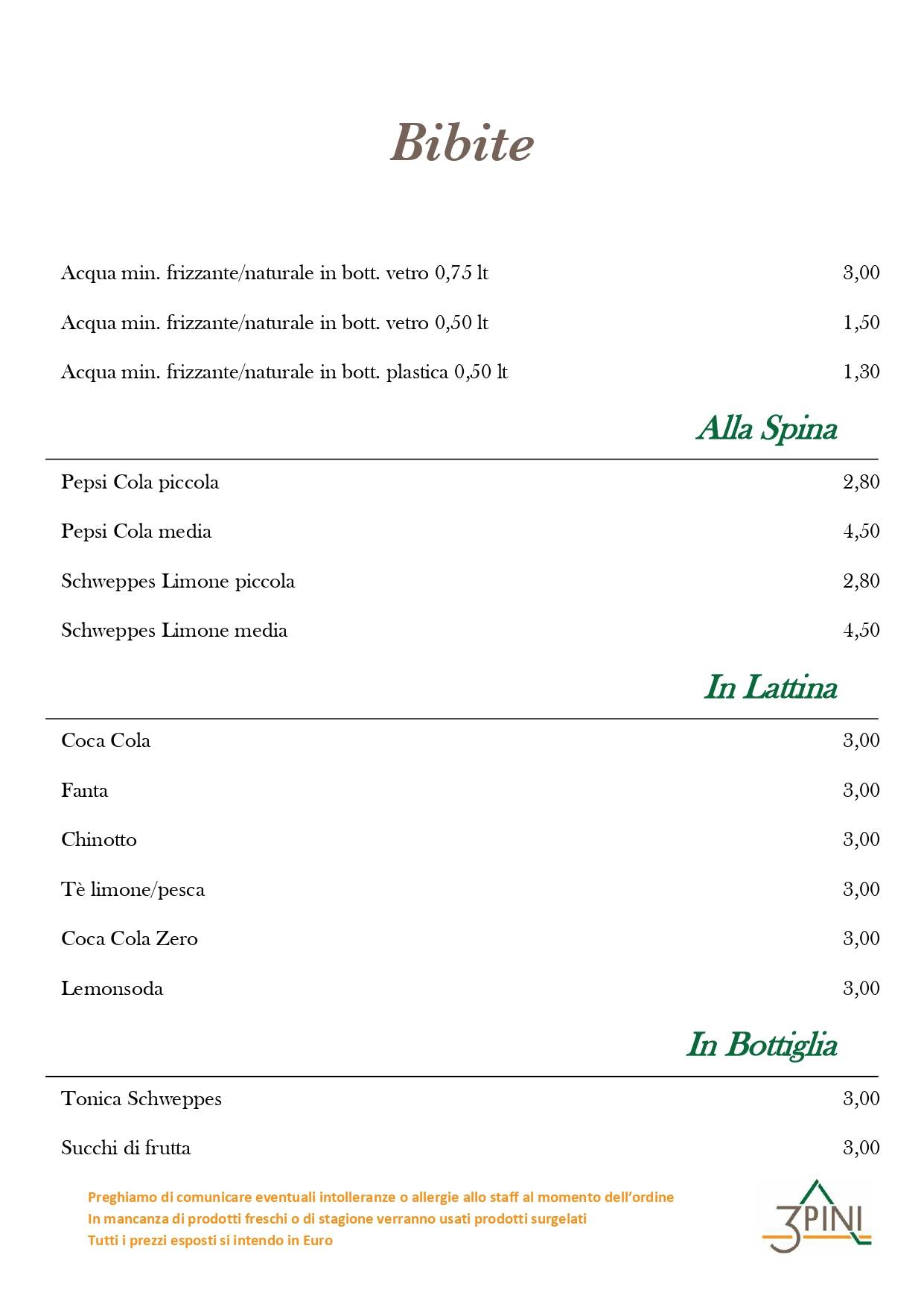 Menu di Ristorante Pizzeria Bar Tre Pini 
