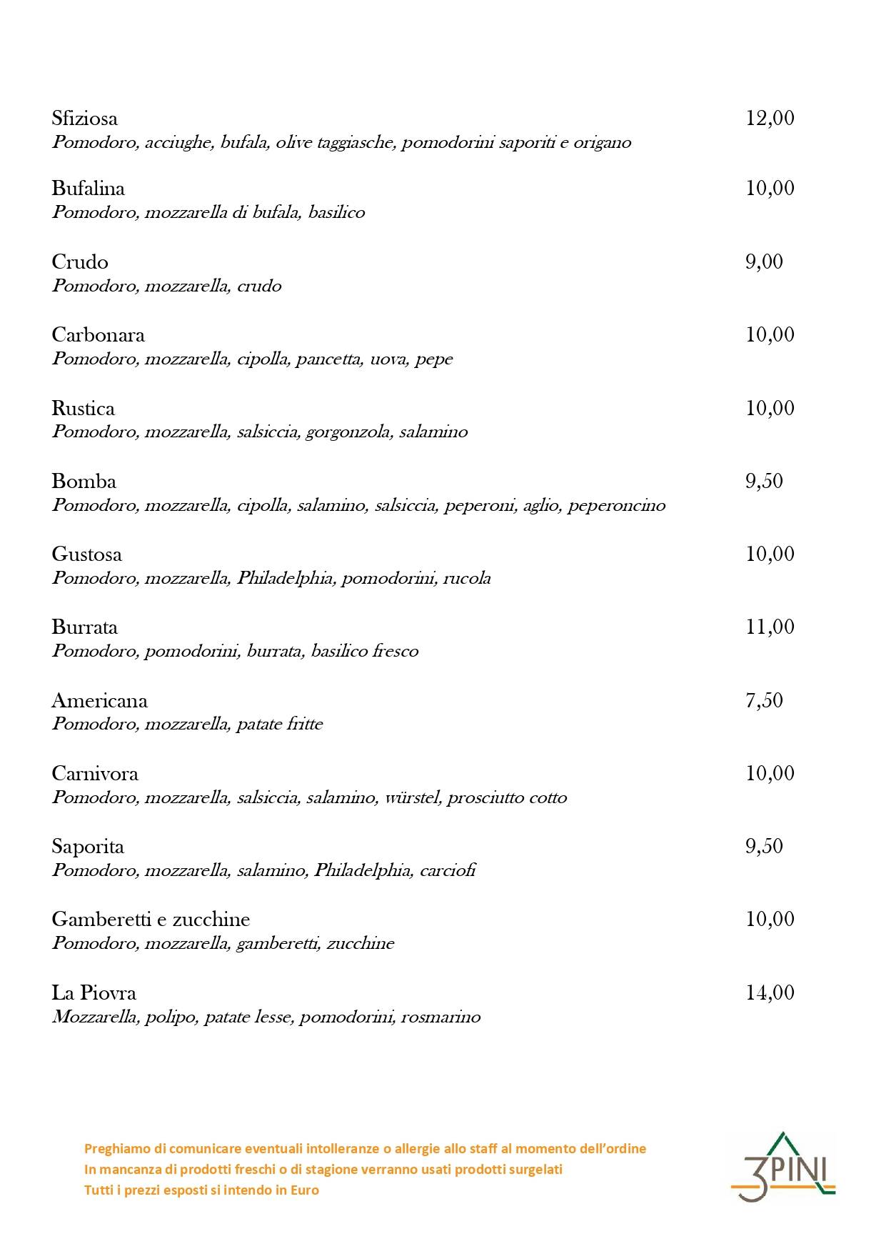 Menu di Ristorante Pizzeria Bar Tre Pini 