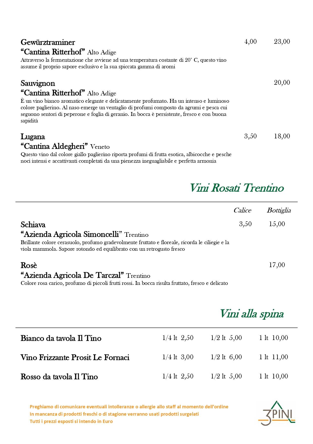 Menu di Ristorante Pizzeria Bar Tre Pini 