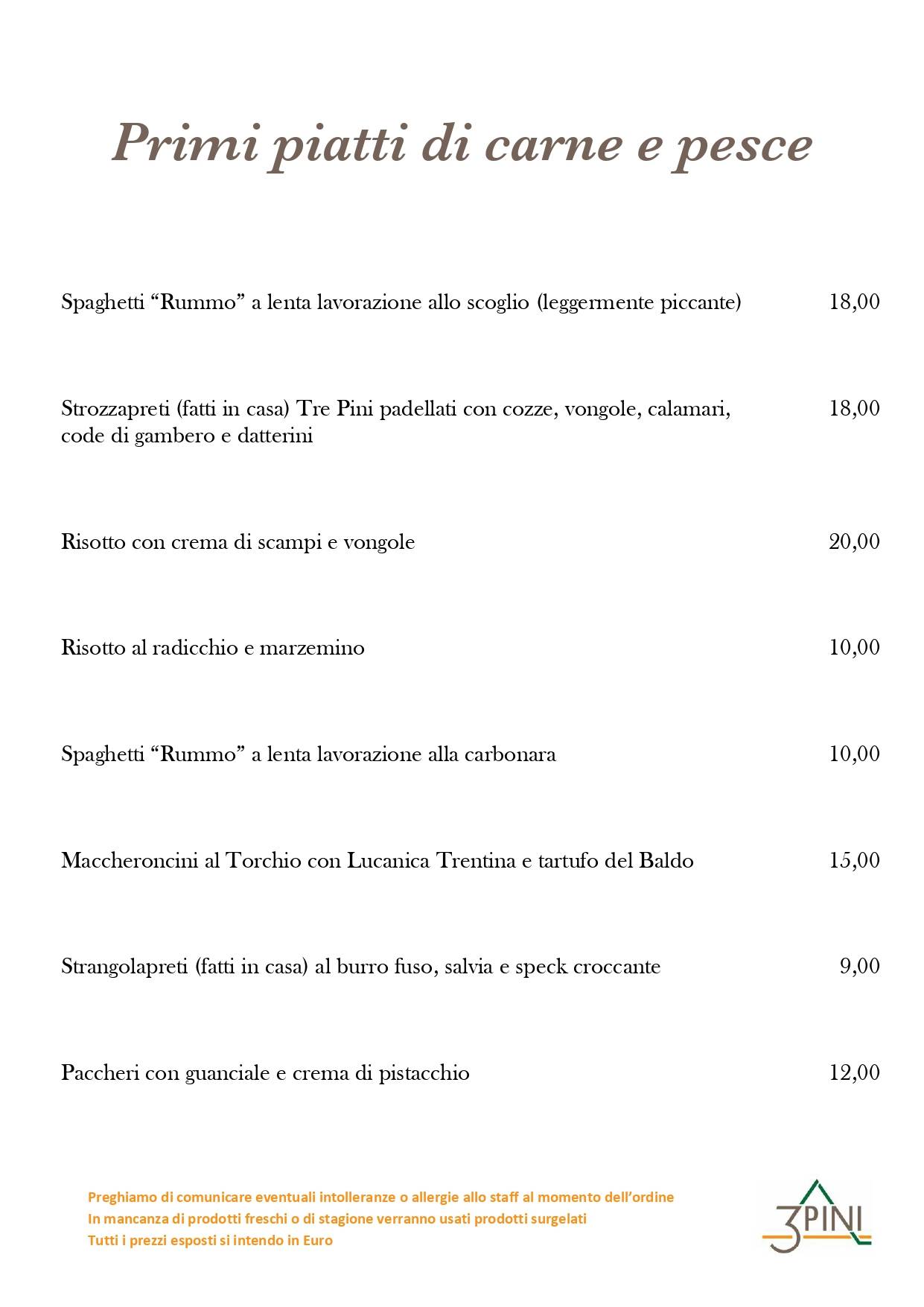 Menu di Ristorante Pizzeria Bar Tre Pini 