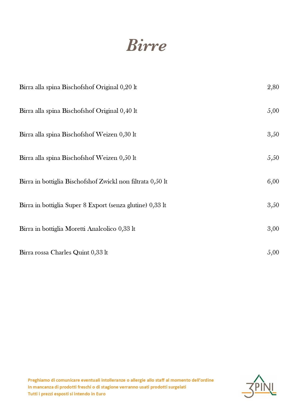 Menu di Ristorante Pizzeria Bar Tre Pini 