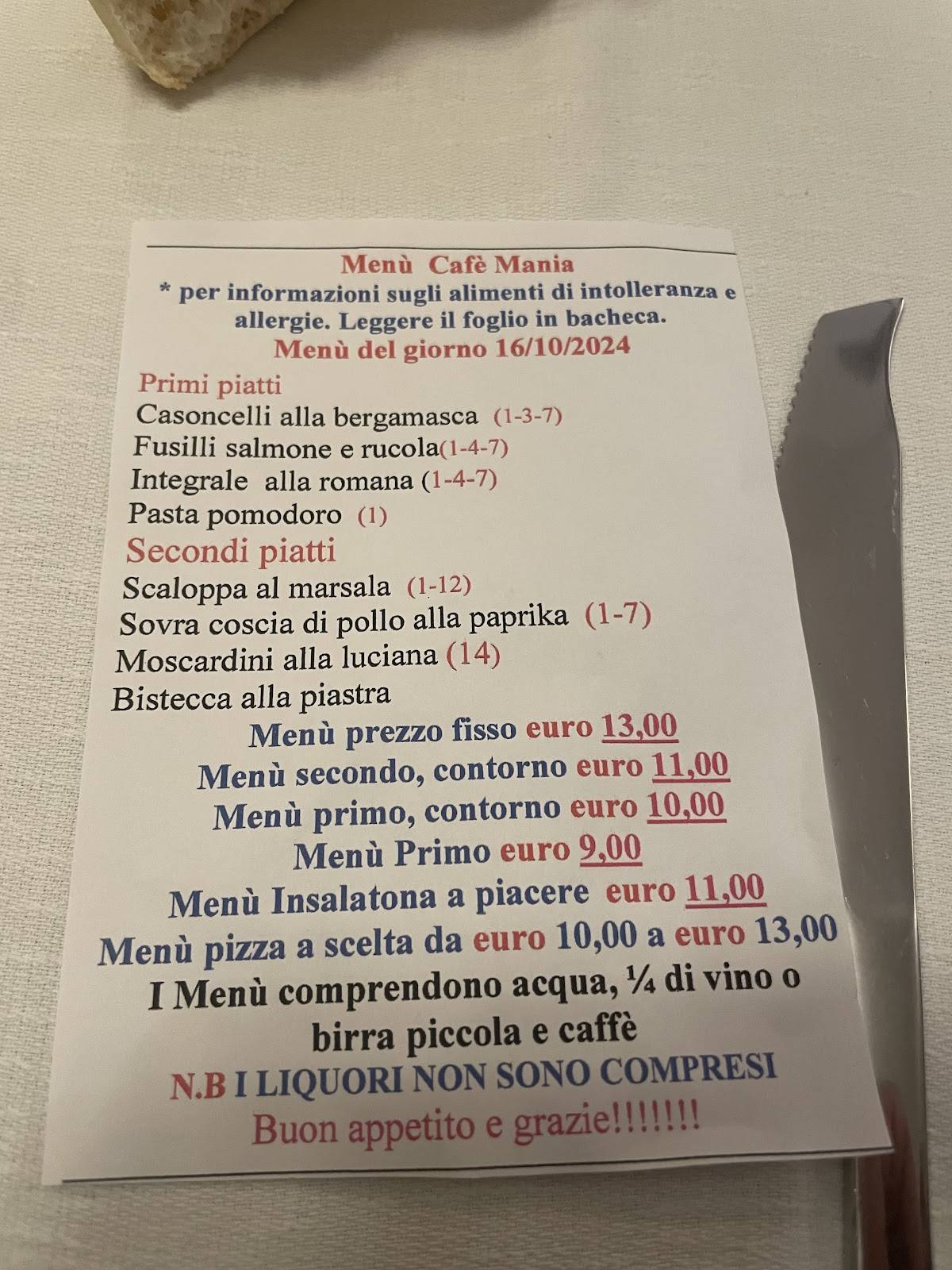 Menu di Ristorante Pizzeria Cafe' Mania 