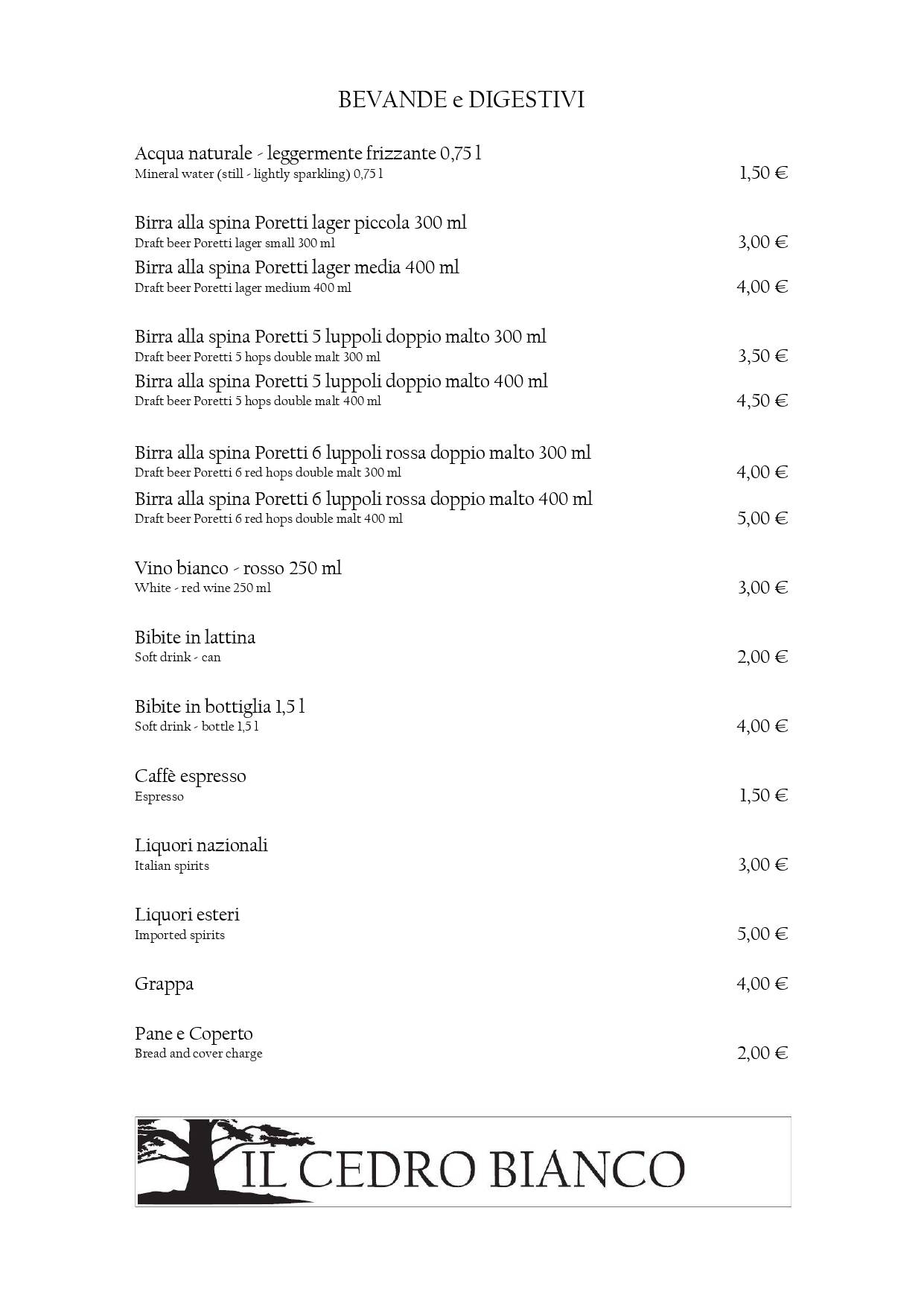 Menu di Il Cedro Bianco Ristorante Pizzeria 