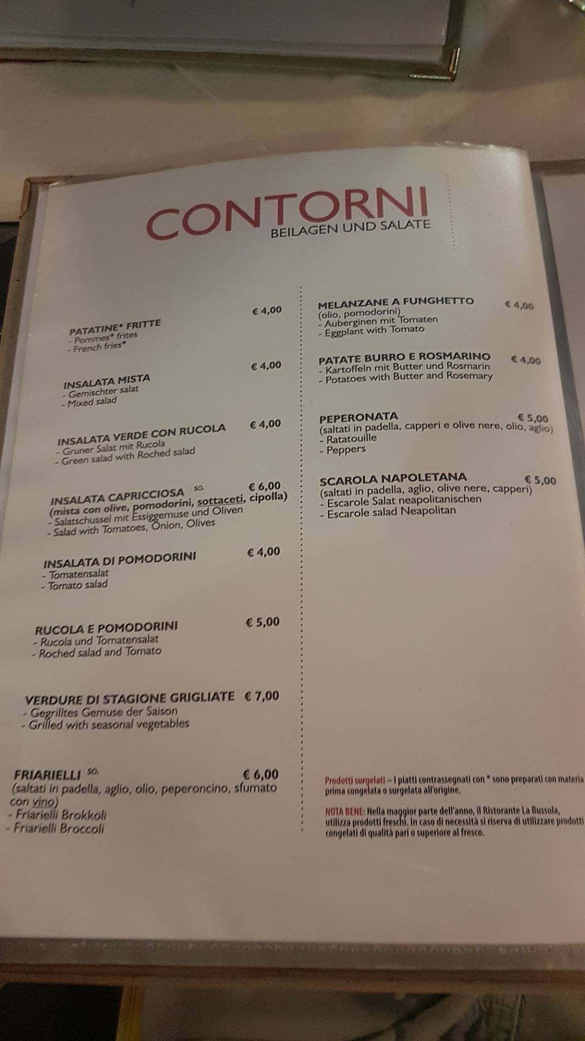 Menu di La Bussola 