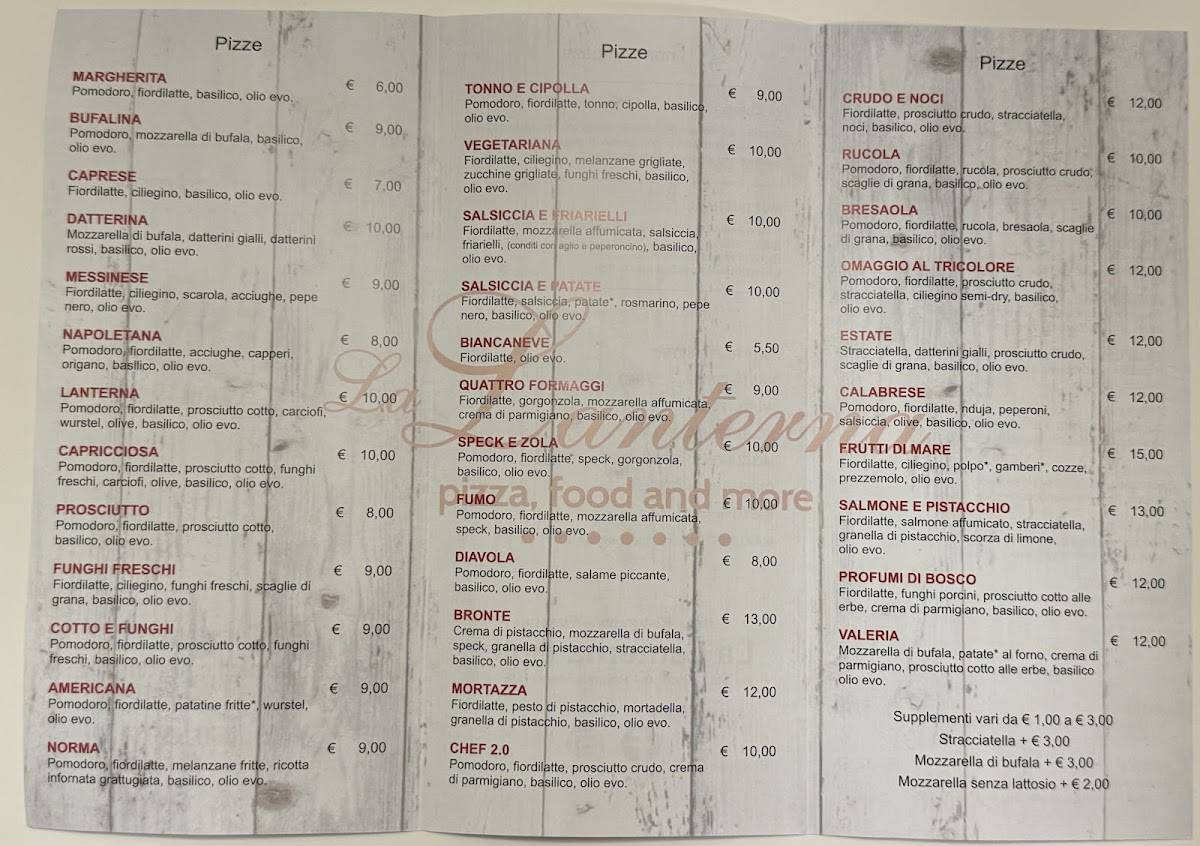 Menu di Ristorante Pizzeria La Lanterna 