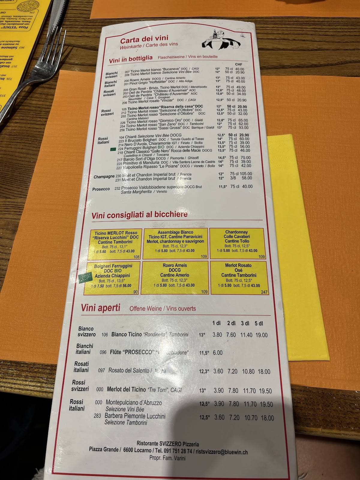 Menu di Ristorante - Pizzeria Svizzero 