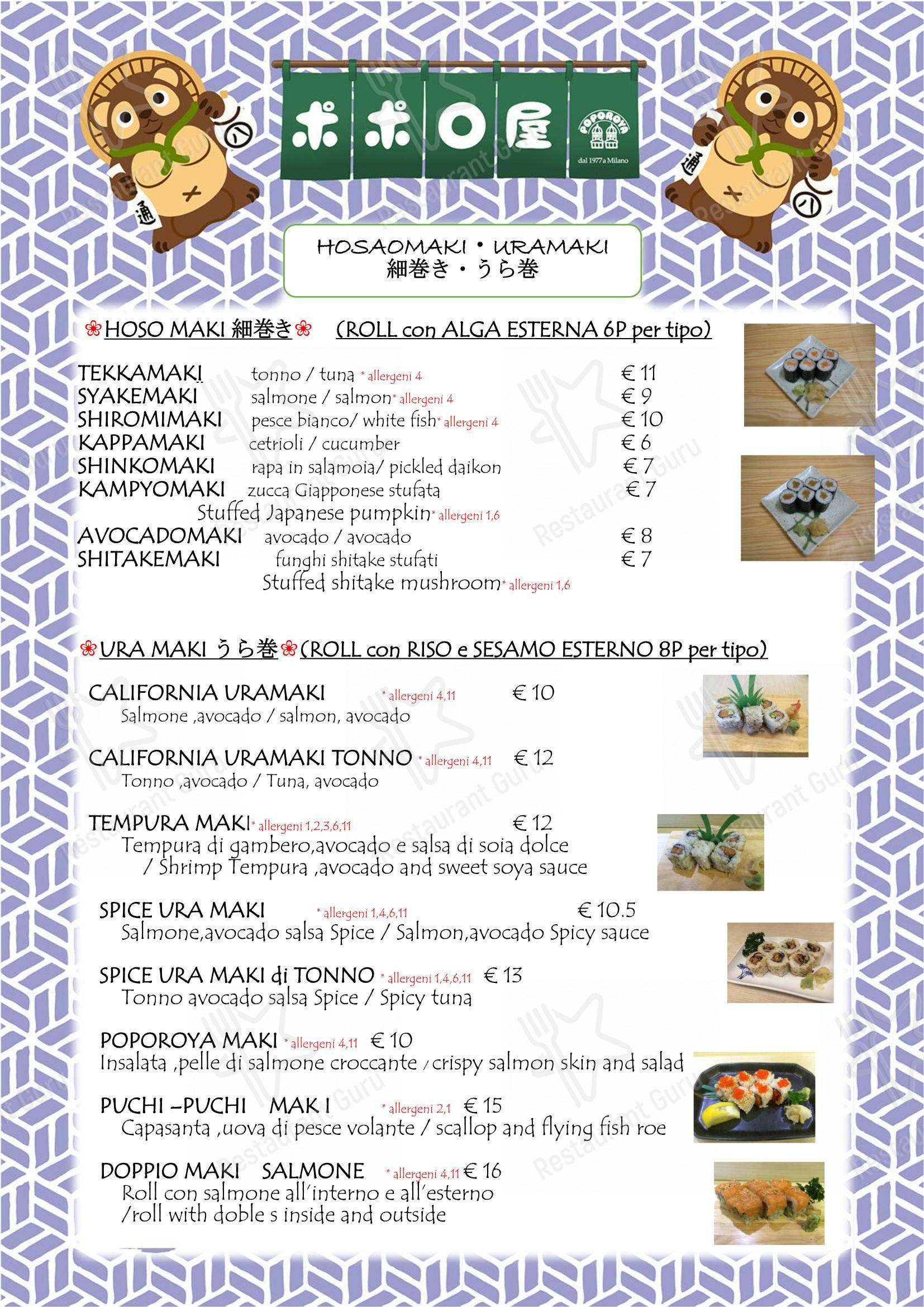 Menu per Poporoya in Milano