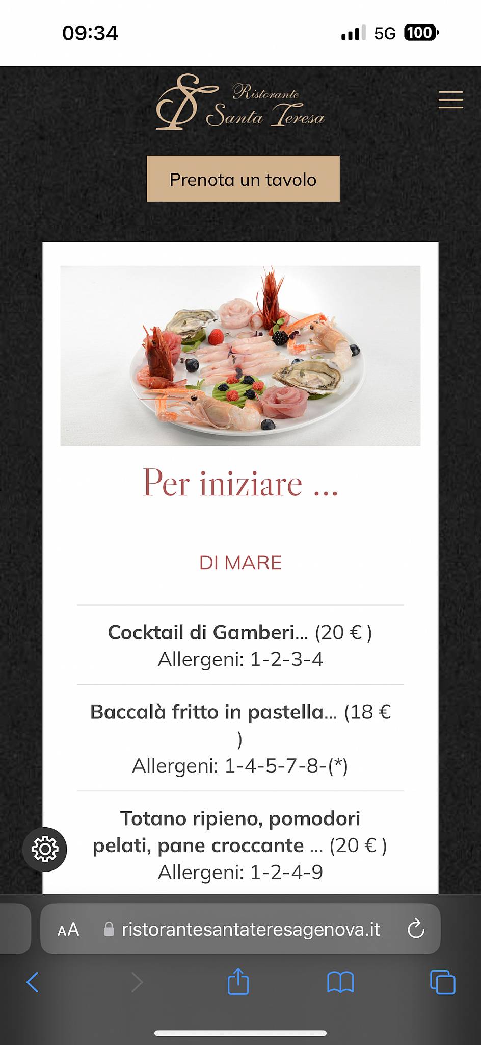 Menu di Ristorante Santa Teresa 