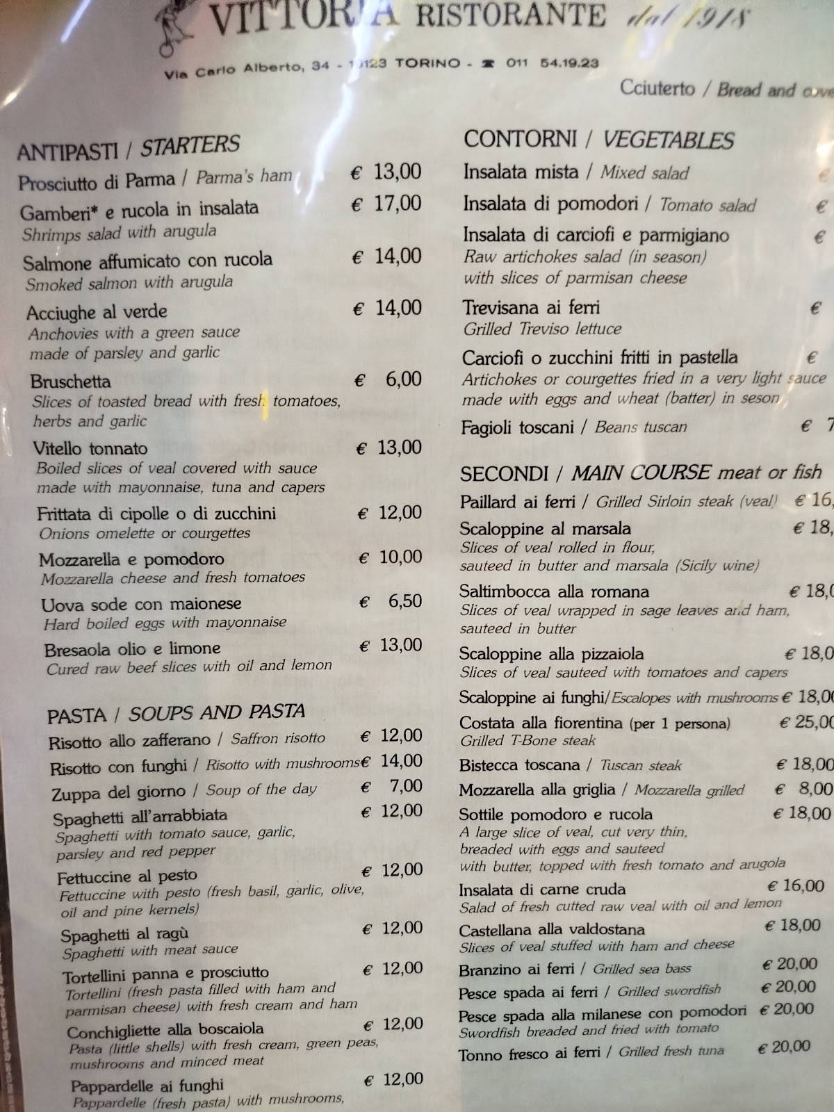 Menu di Ristorante Vittoria dal 1918 