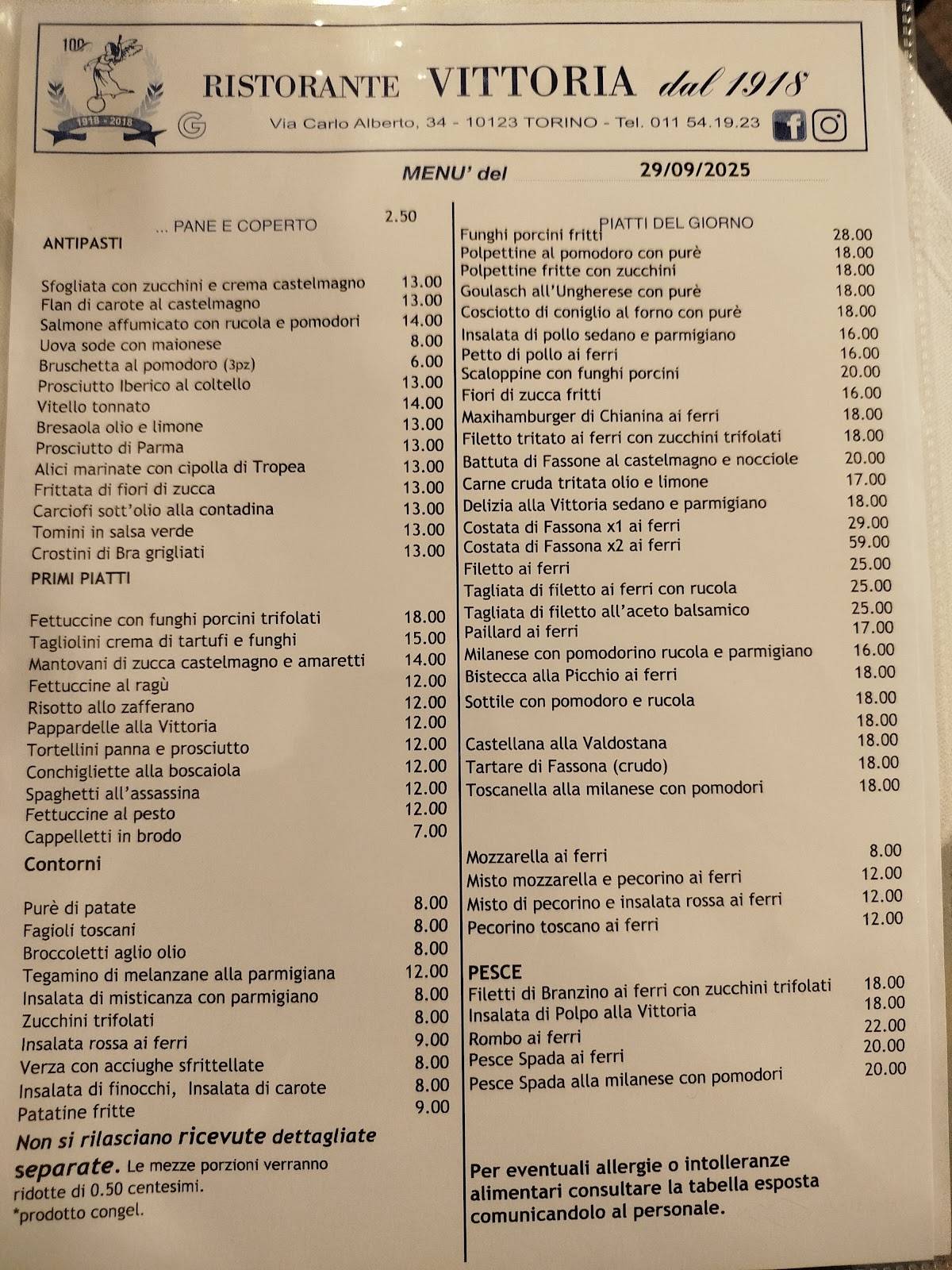 Menu di Ristorante Vittoria dal 1918 