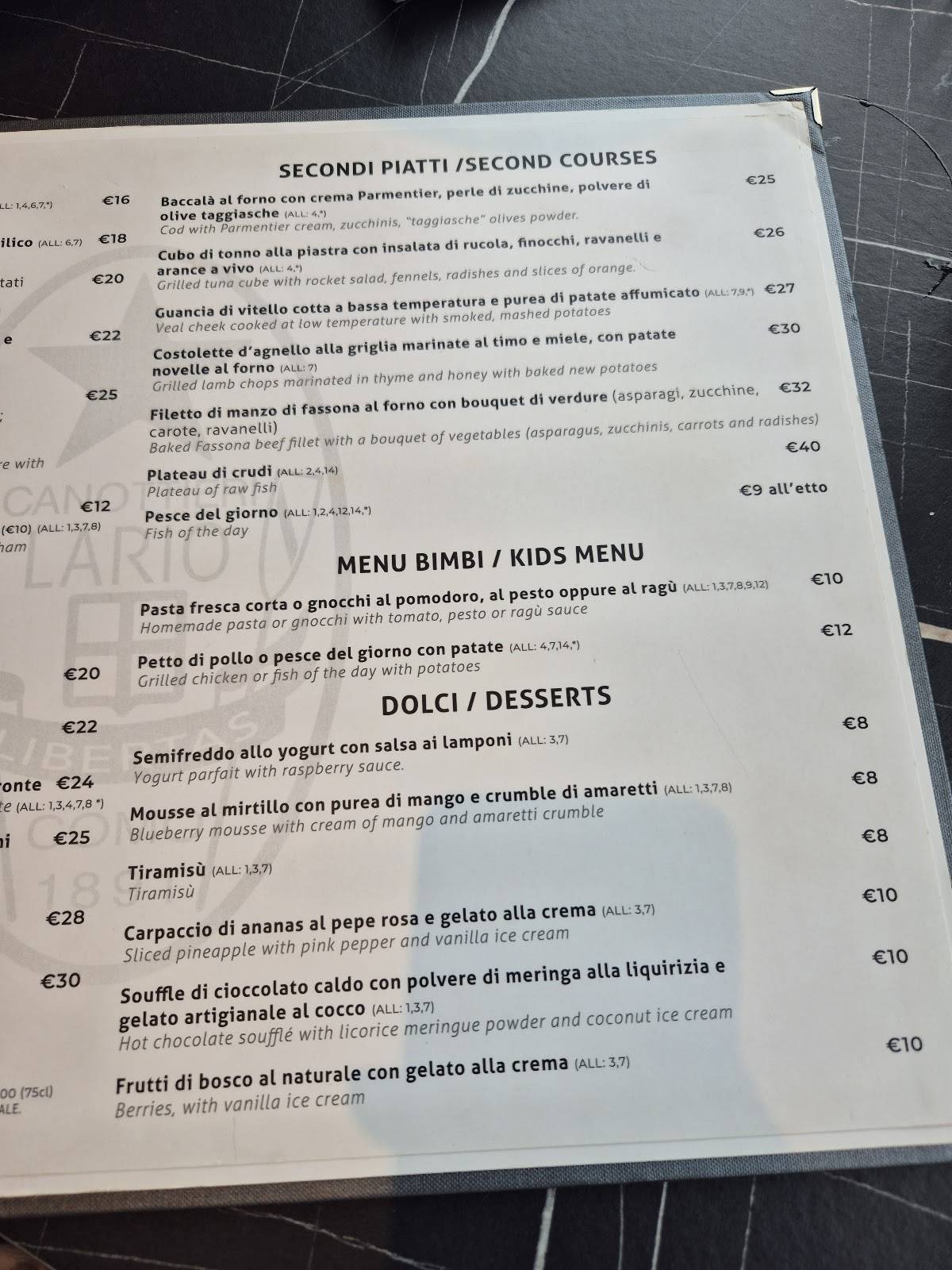 Menu di Ristorante e Bar Canottieri Lario Como 