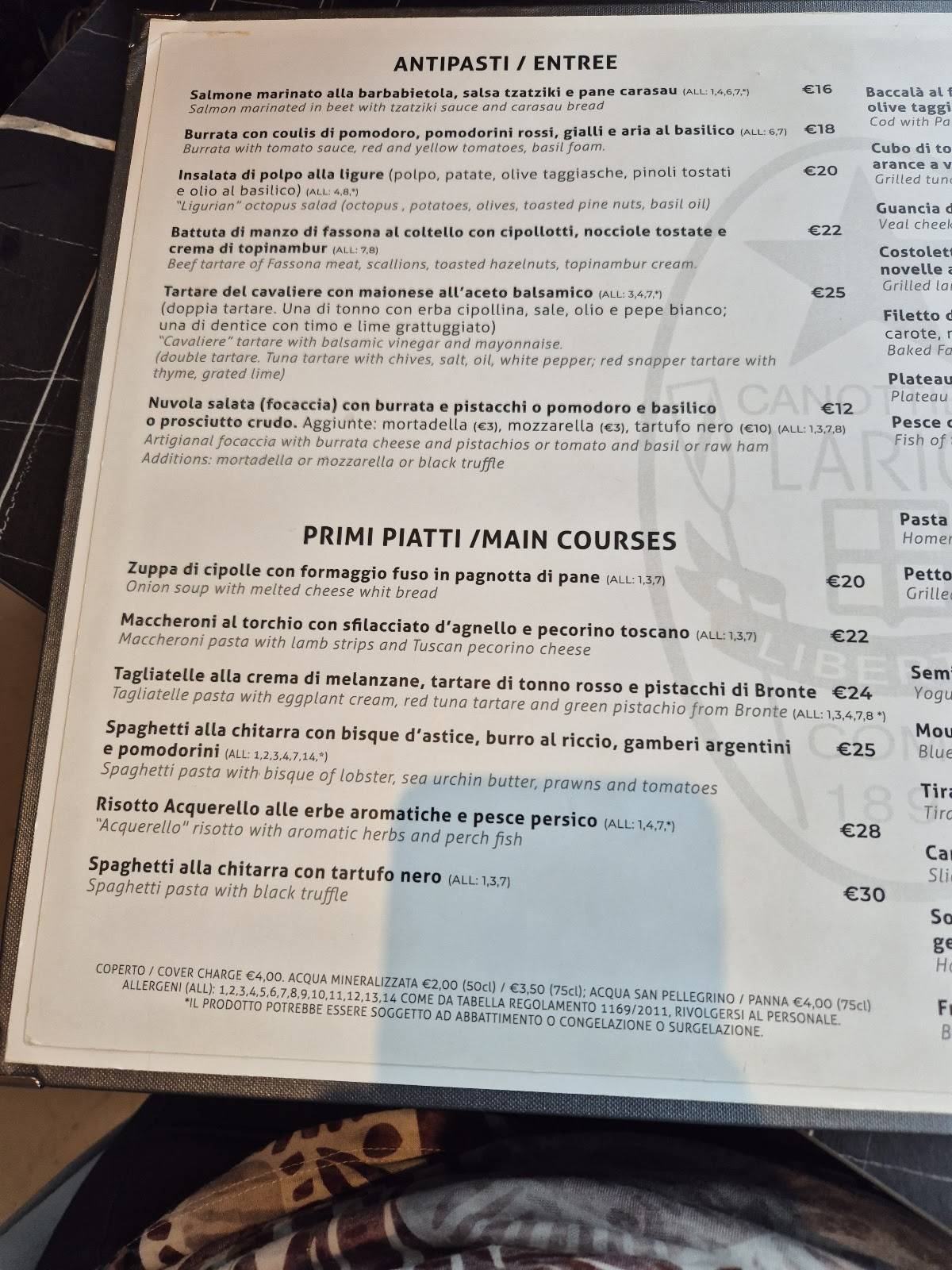 Menu di Ristorante e Bar Canottieri Lario Como 