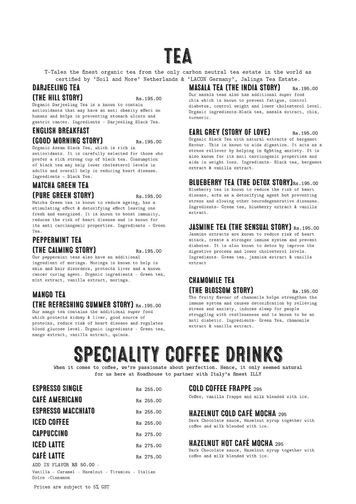 Roadhouse Cafe menu