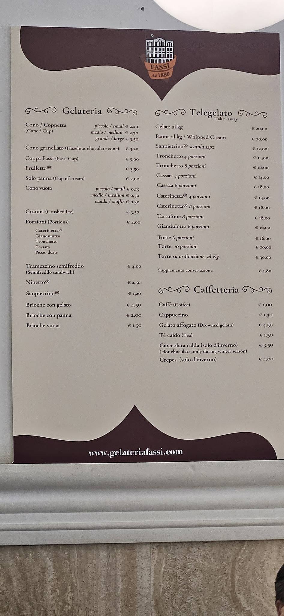 Menu di Gelateria Fassi - Gelato artigianale a Roma dal 1880 