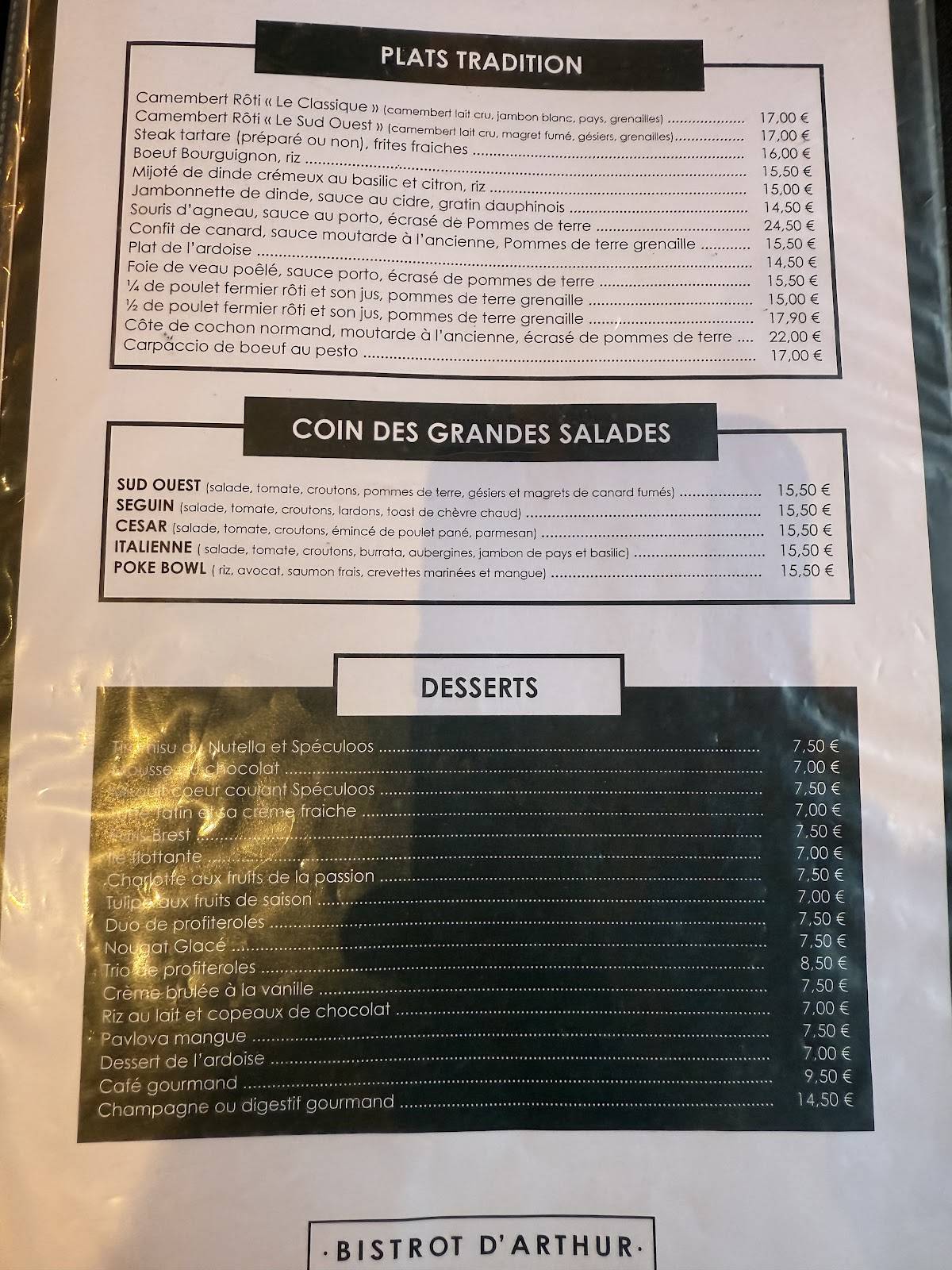 Menu de Le Bistrot d'Arthur