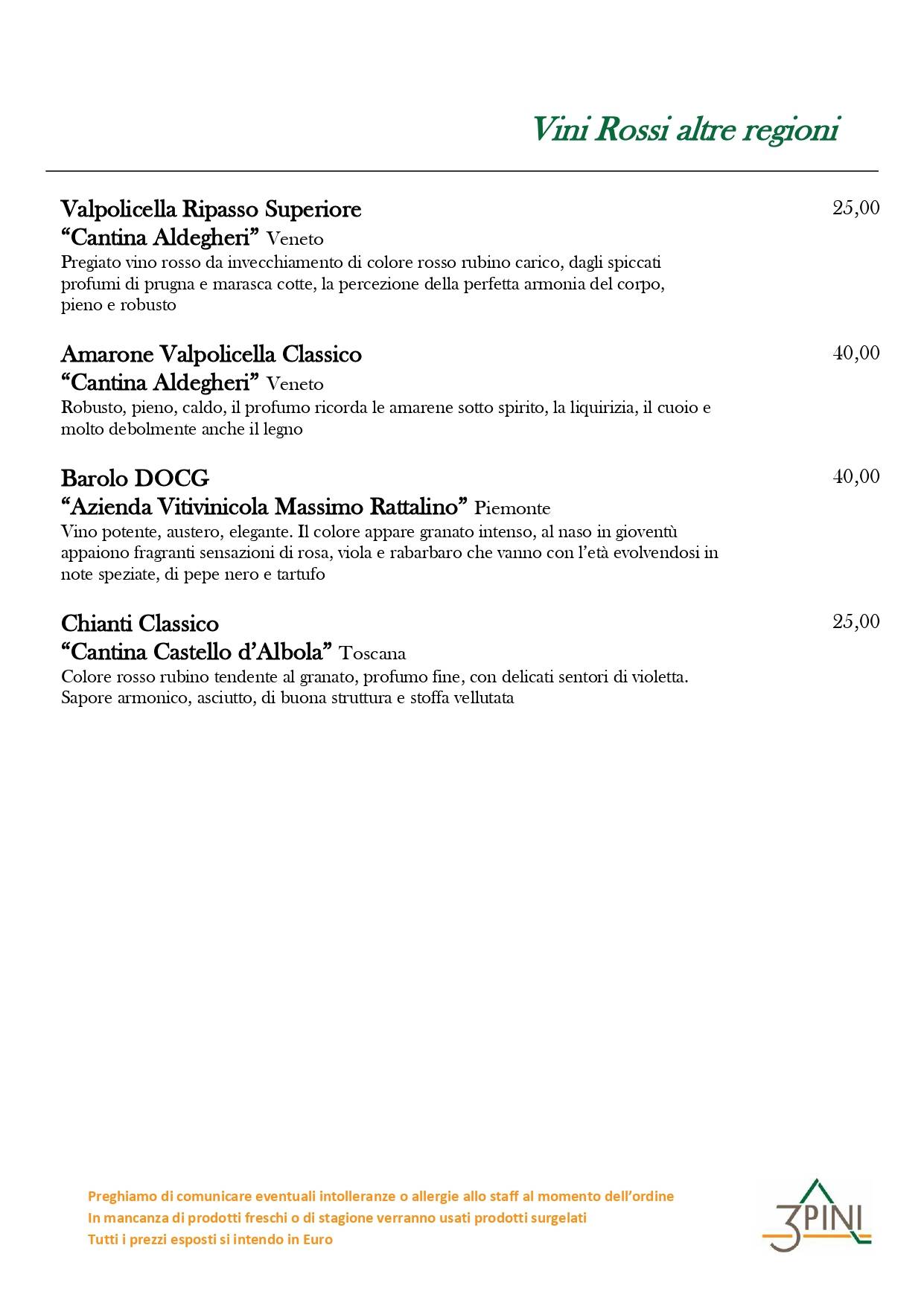 Menu di Ristorante Pizzeria Bar Tre Pini 