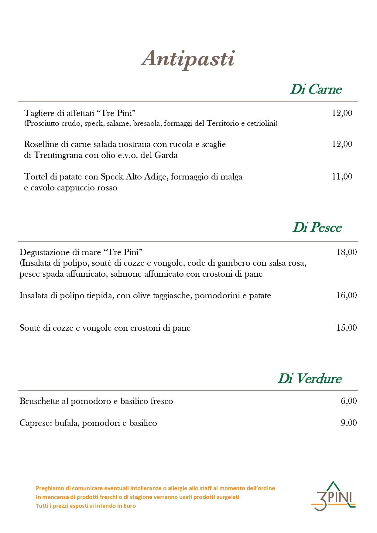 Menu di Ristorante Pizzeria Bar Tre Pini 