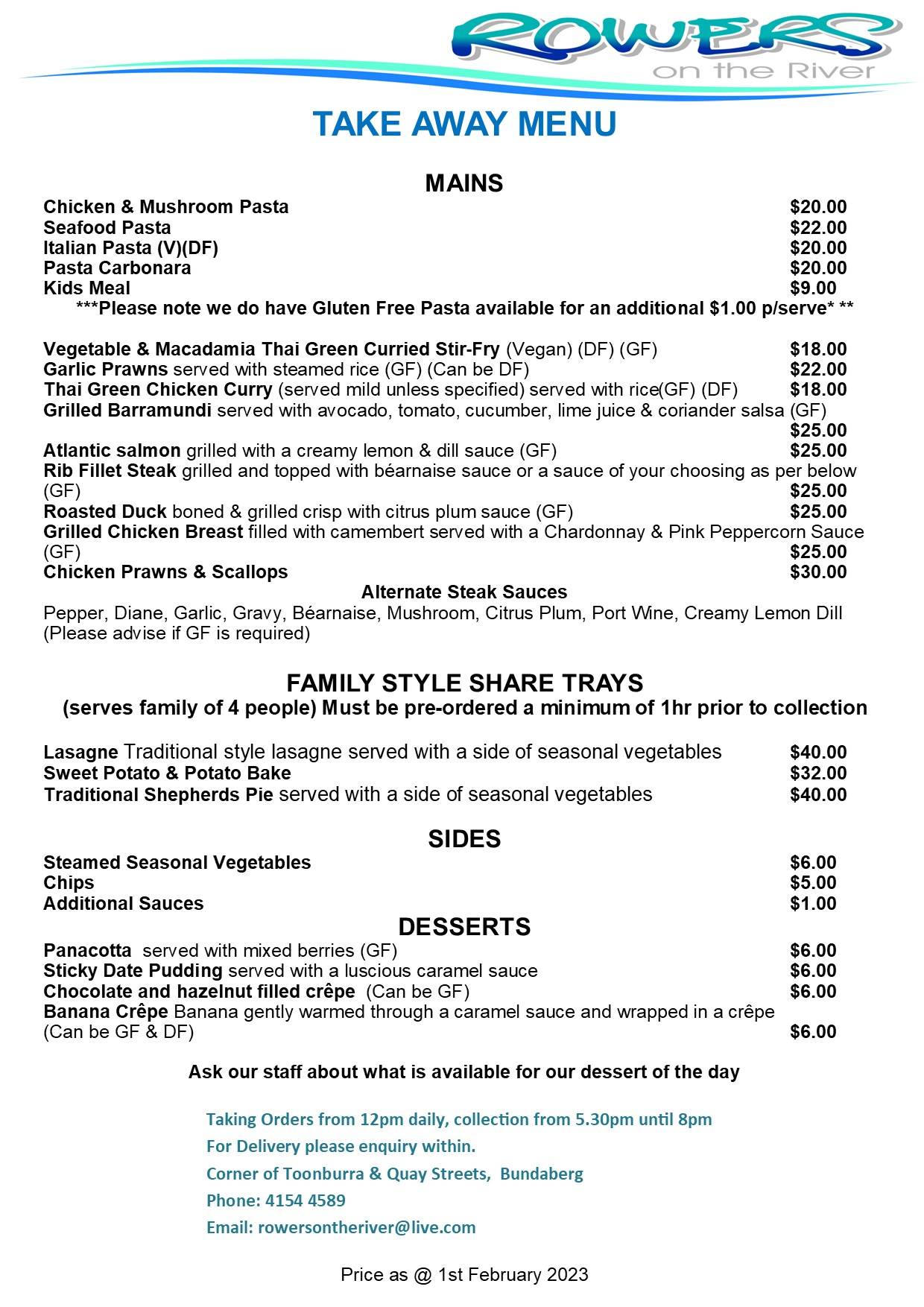 Menu at Rowers on the River restaurant, Bundaberg Central