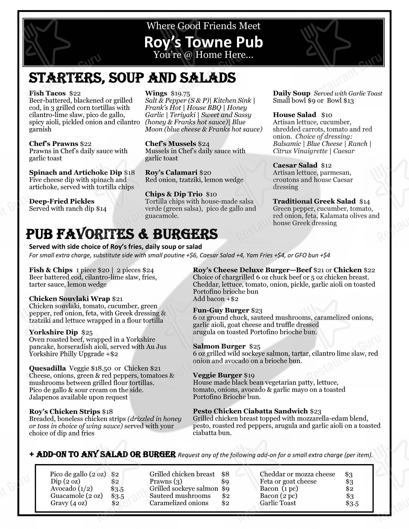 Menu at Roy's Towne Pub, Royston