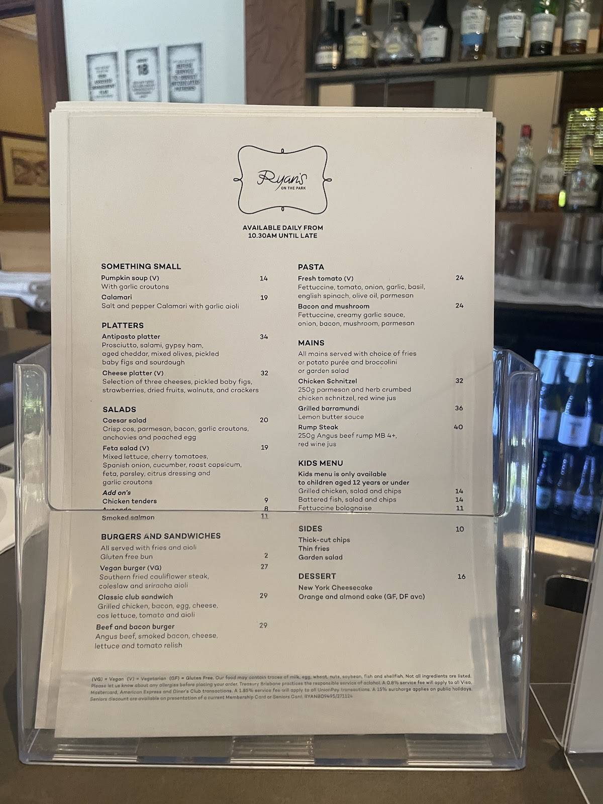 Menu at Ryan's On The Park Bar and Restaurant, Brisbane City, 130 ...