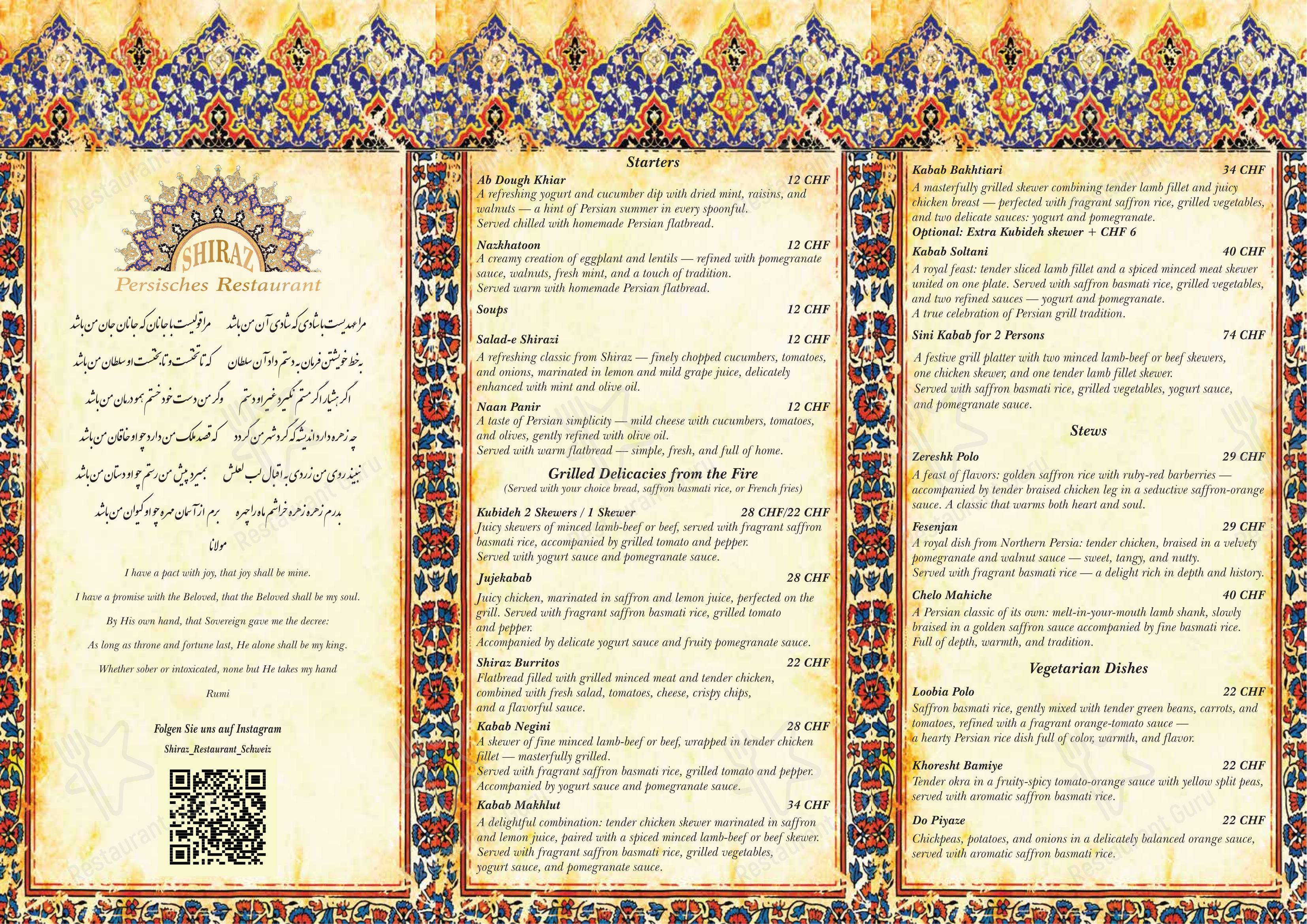 Menu pour SHIRAZ Grillhouse since 2016 - Menu bar