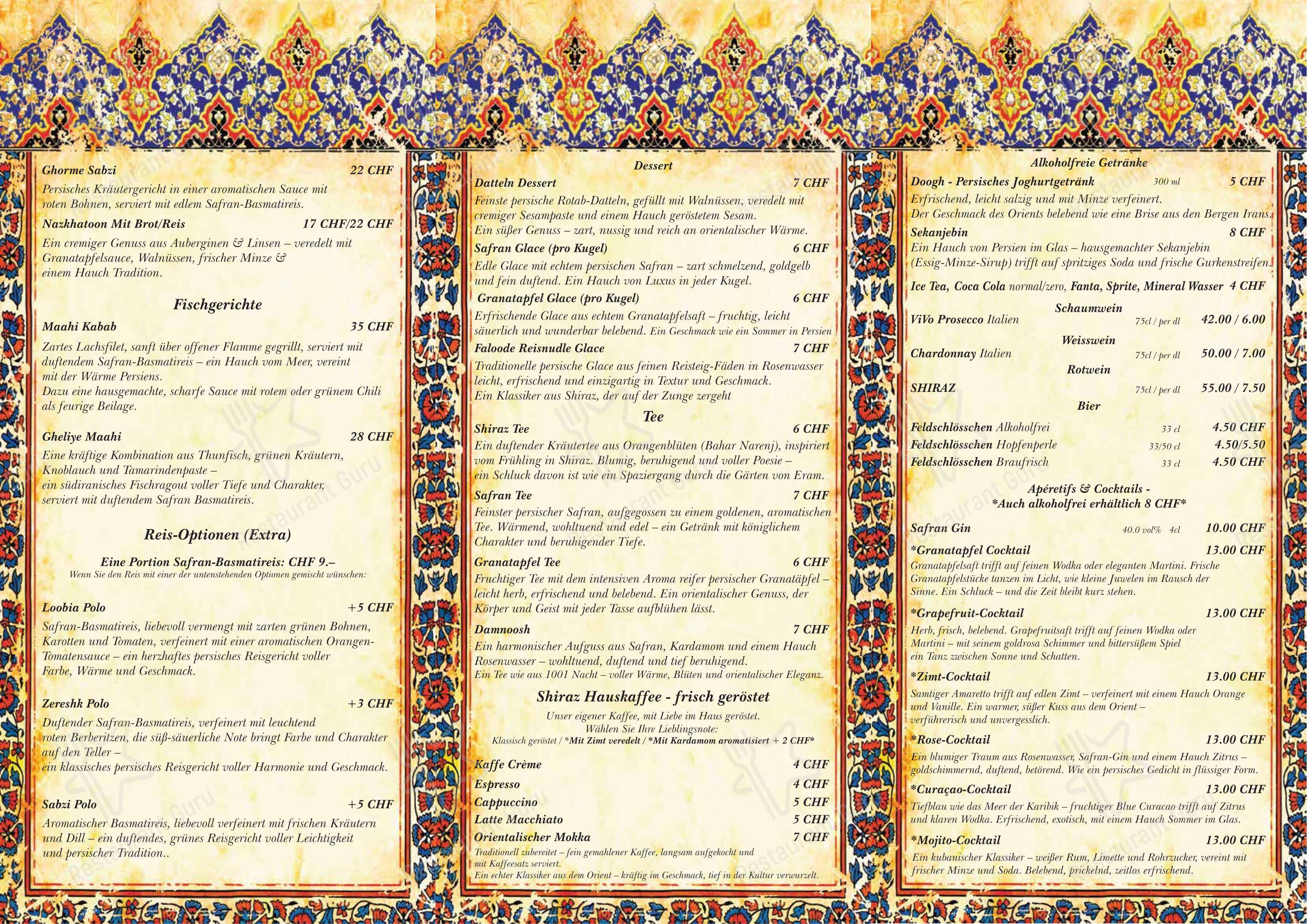 Menu pour SHIRAZ Grillhouse since 2016 dans Schönenwerd