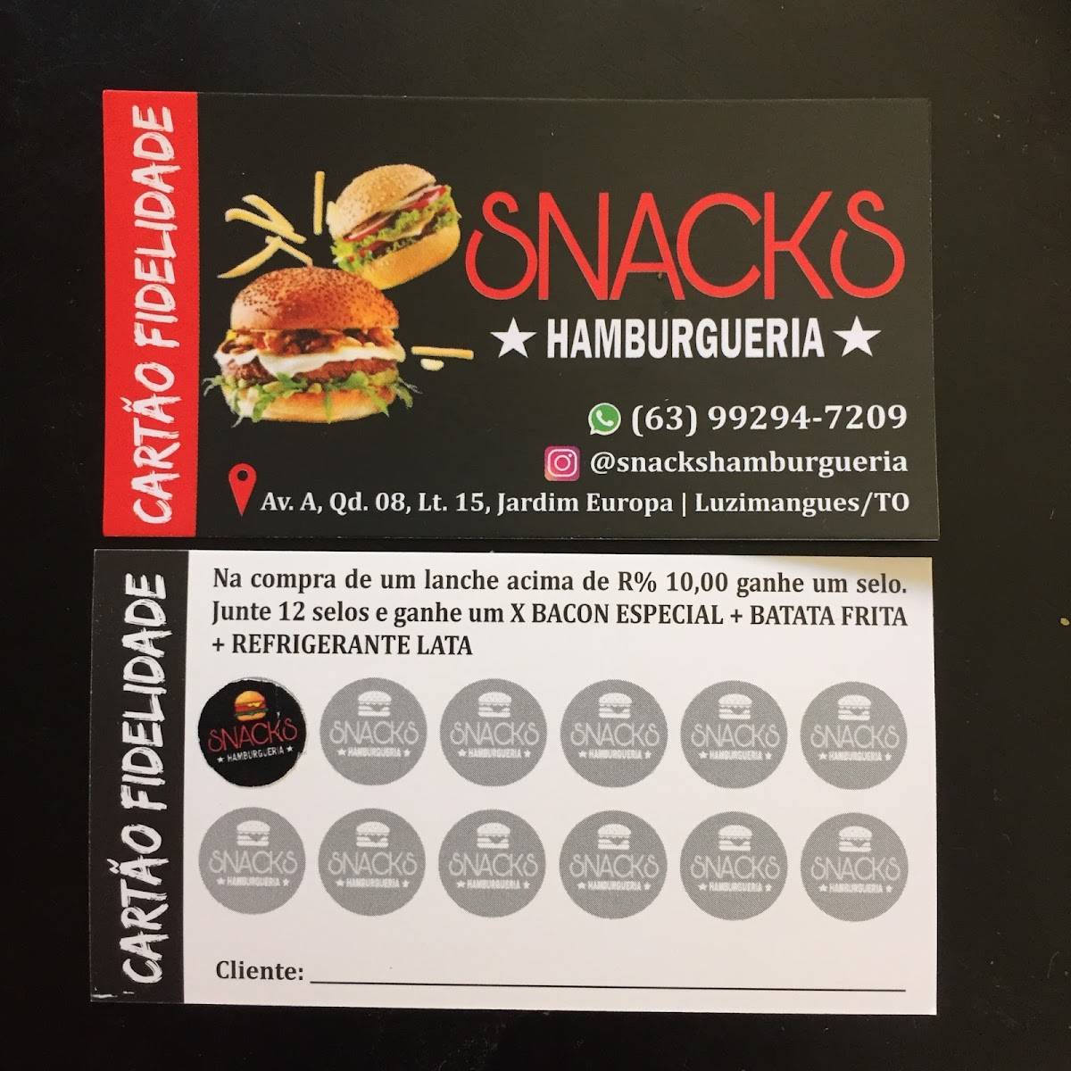 Snacks Hamburgueria cardápio