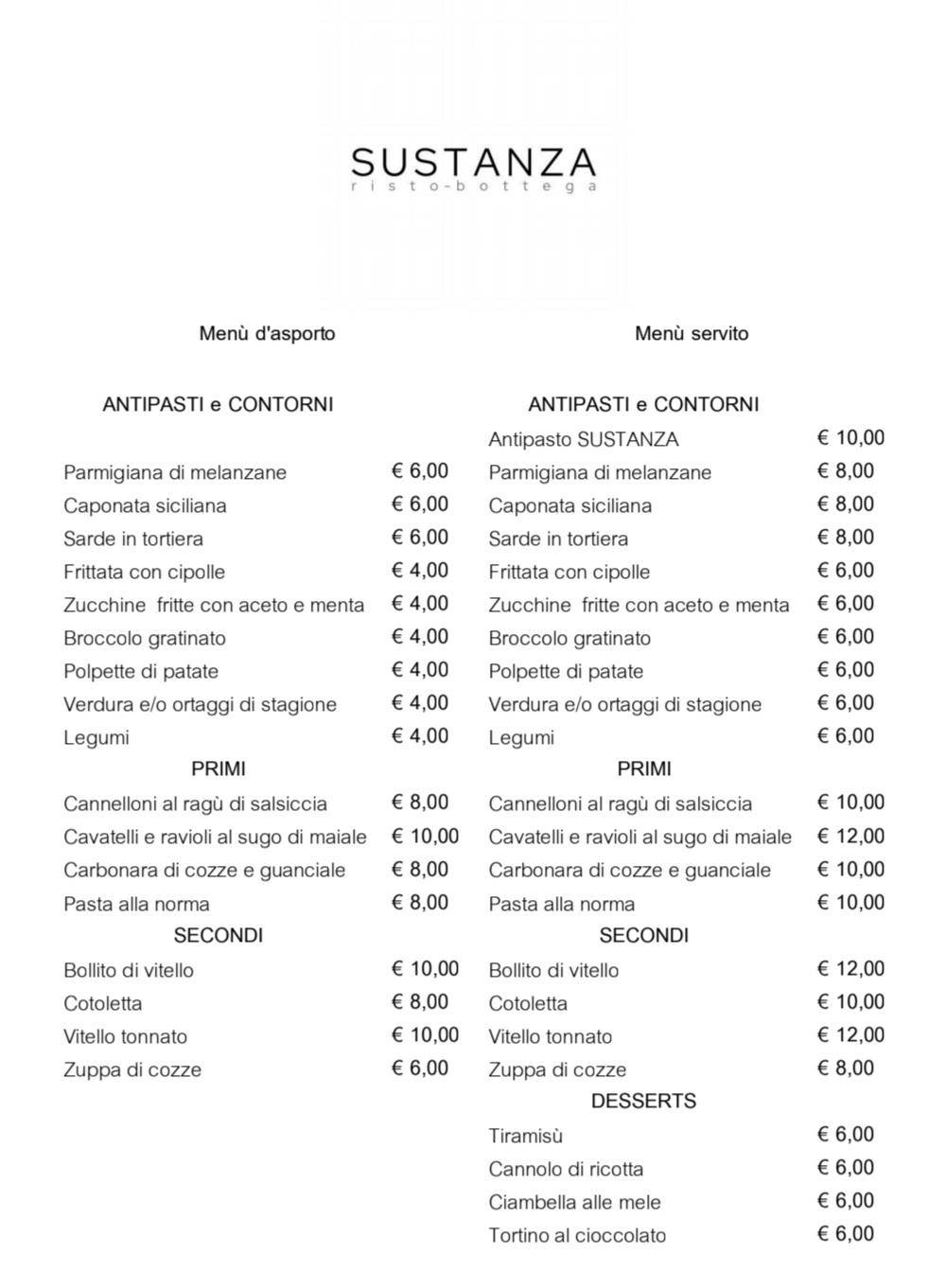 Menu di SUSTANZA Risto-Bottega 