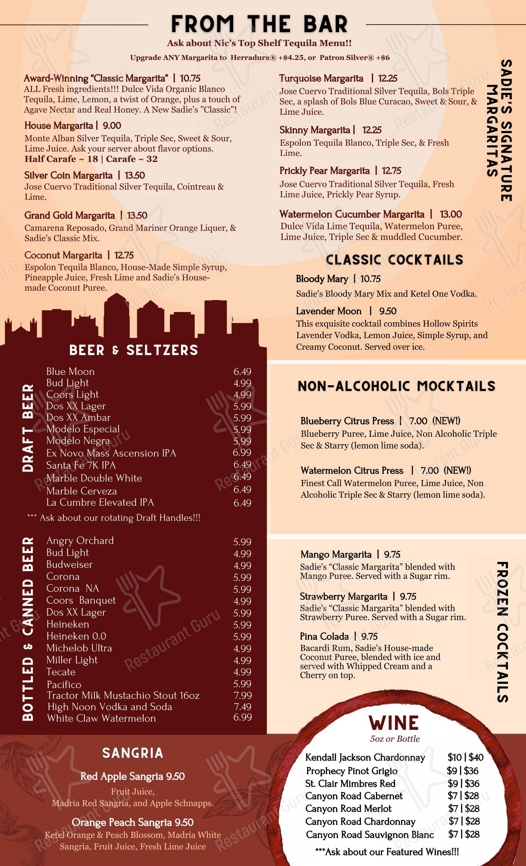 Menu at Sadie's of New Mexico restaurant, Los Ranchos de Albuquerque ...