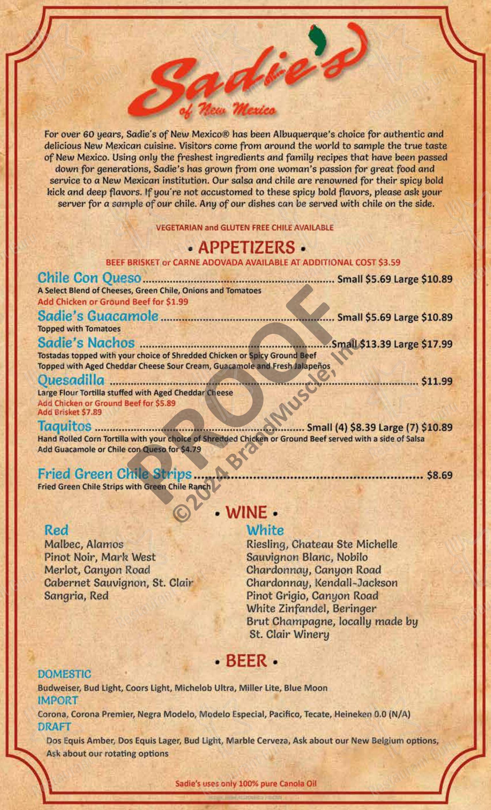 Menu at Sadie's of New Mexico restaurant, Los Ranchos de Albuquerque ...