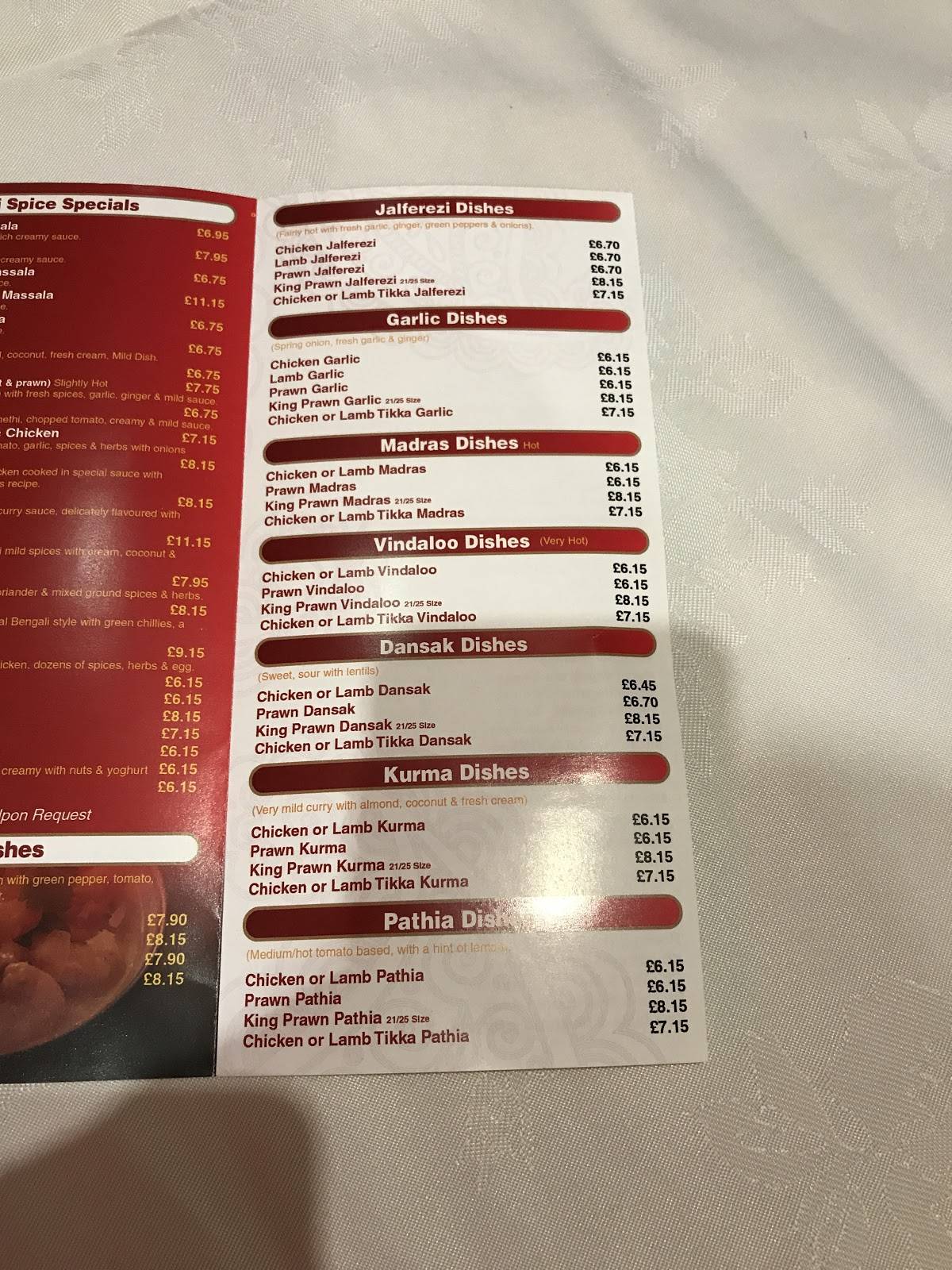 Menu at Saffron restaurant, Conwy