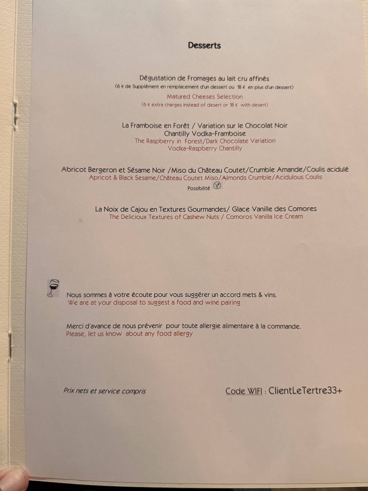 Menu de Le Tertre