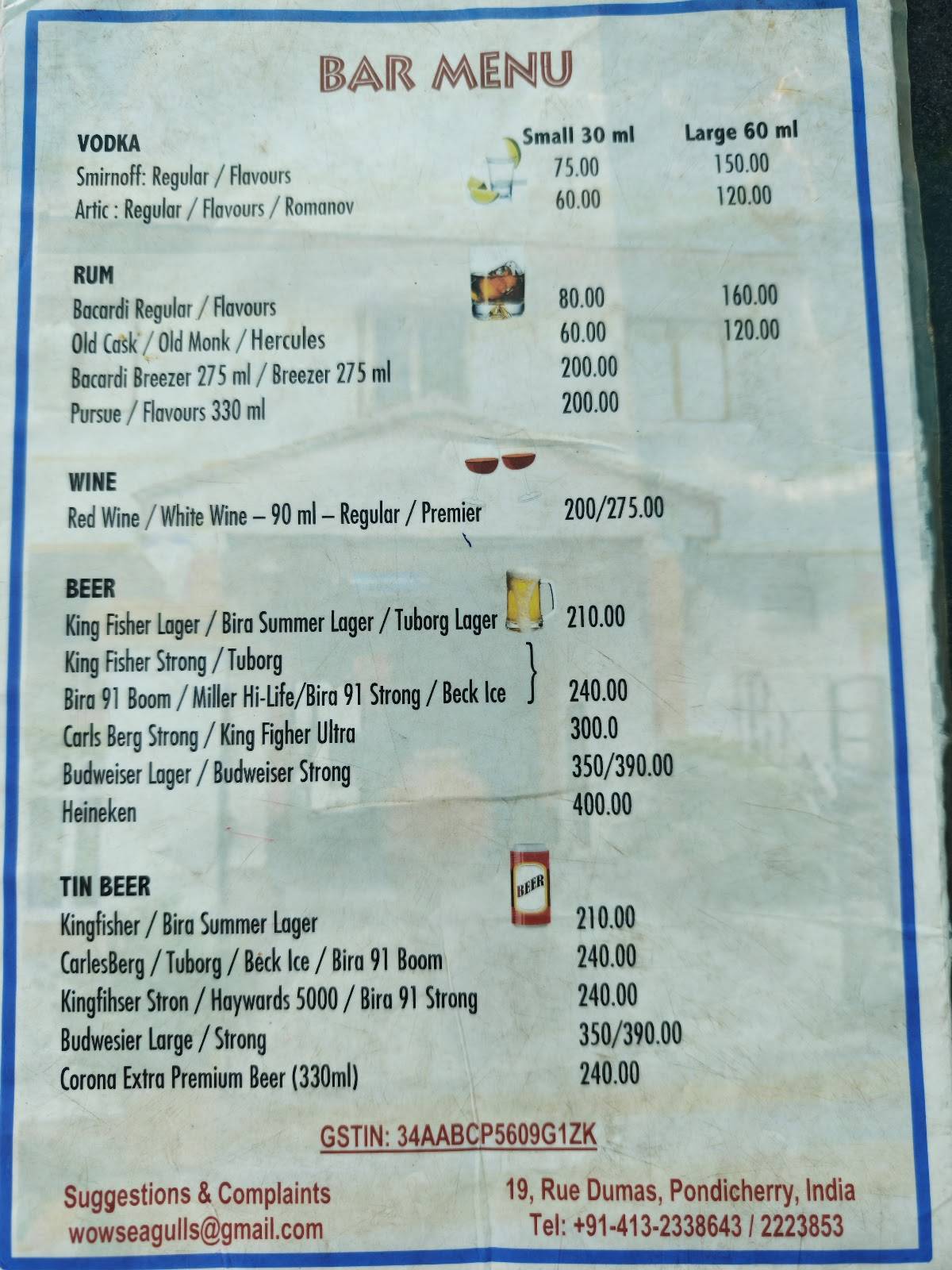 Sea Gulls Bar & Restaurant menu