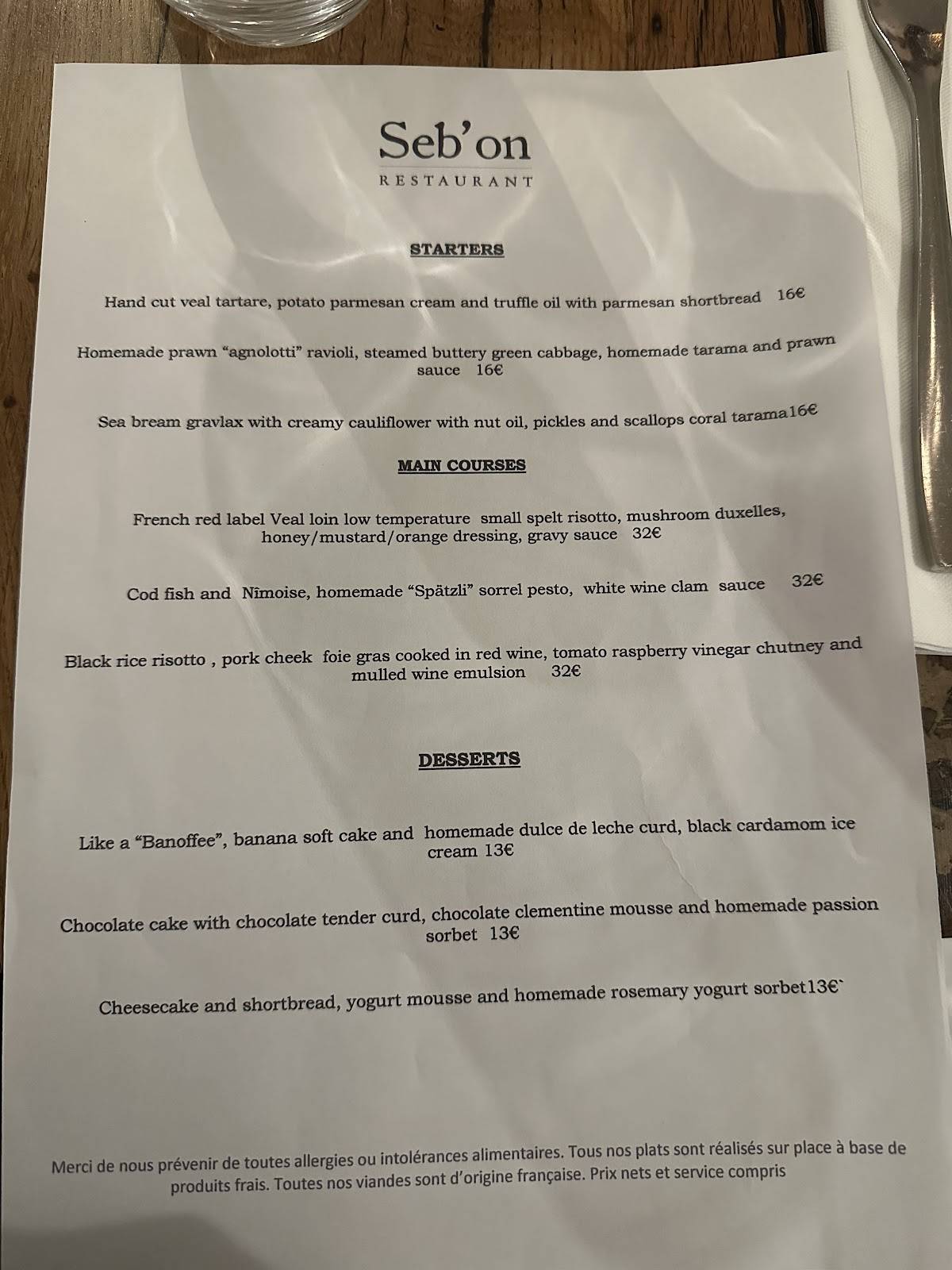 Menu de Seb'on