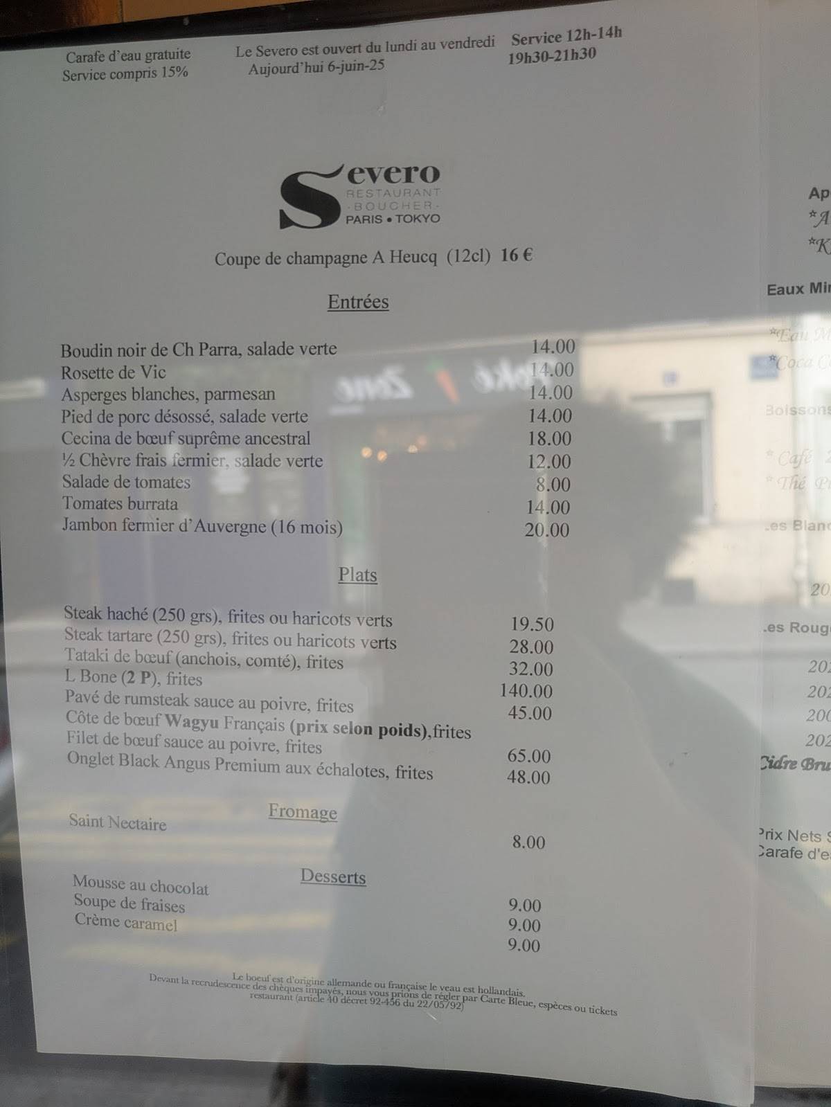 Menu de Le Severo