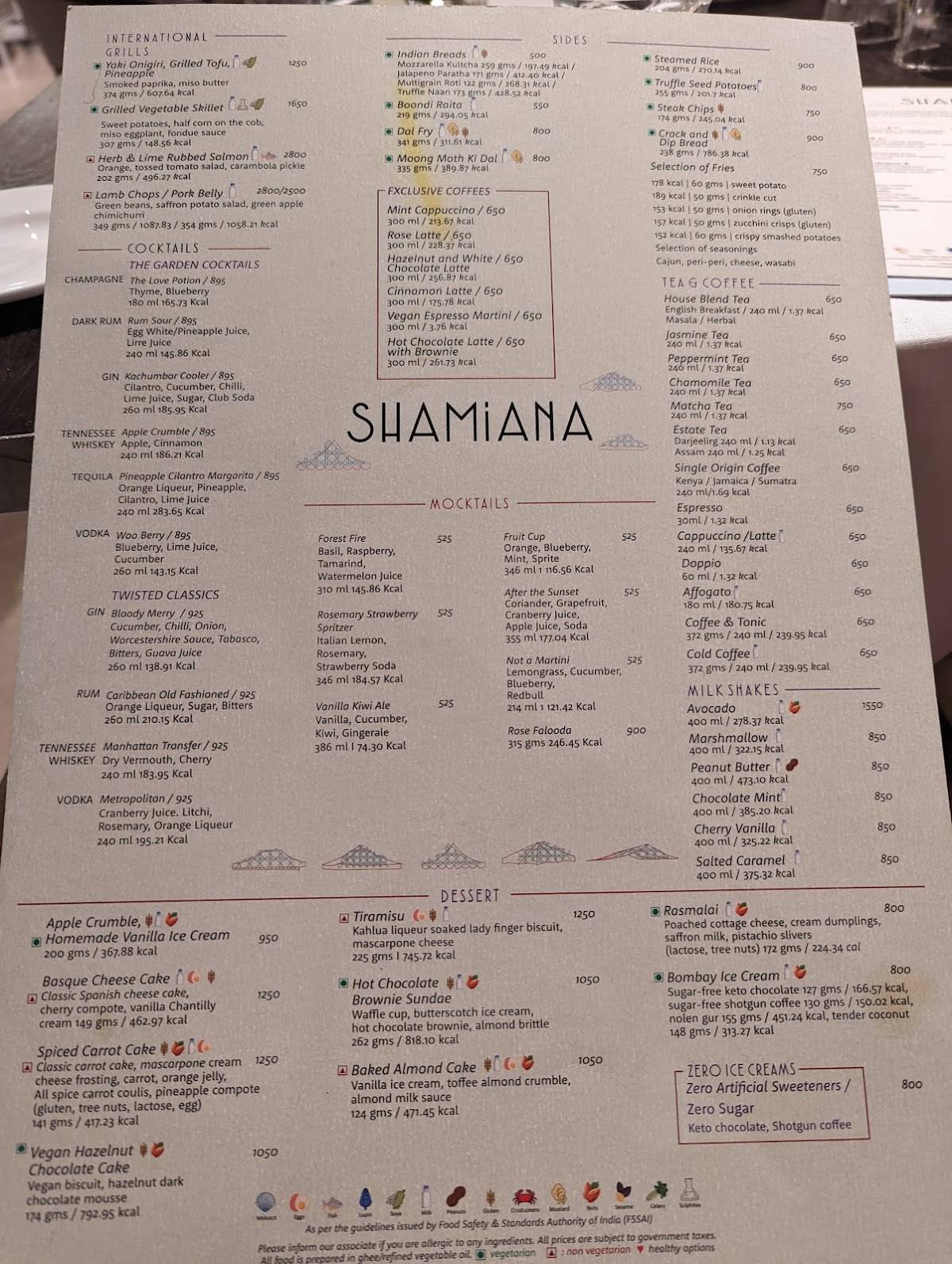 Shamiana menu