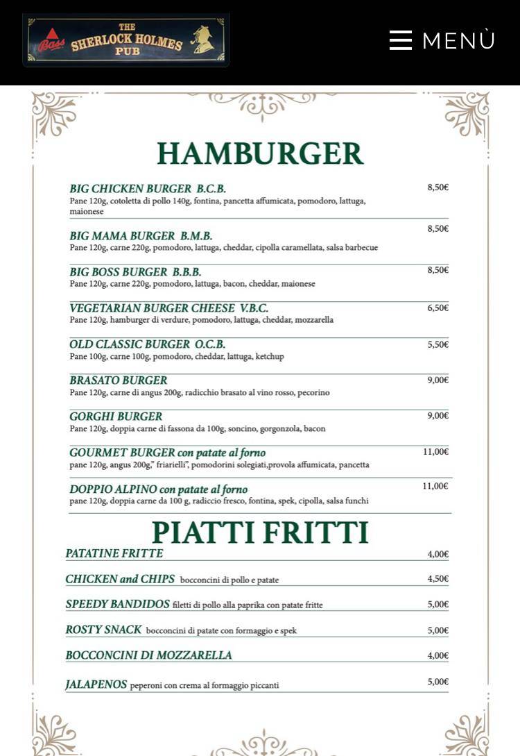 Menu di Sherlock Holmes Pub 