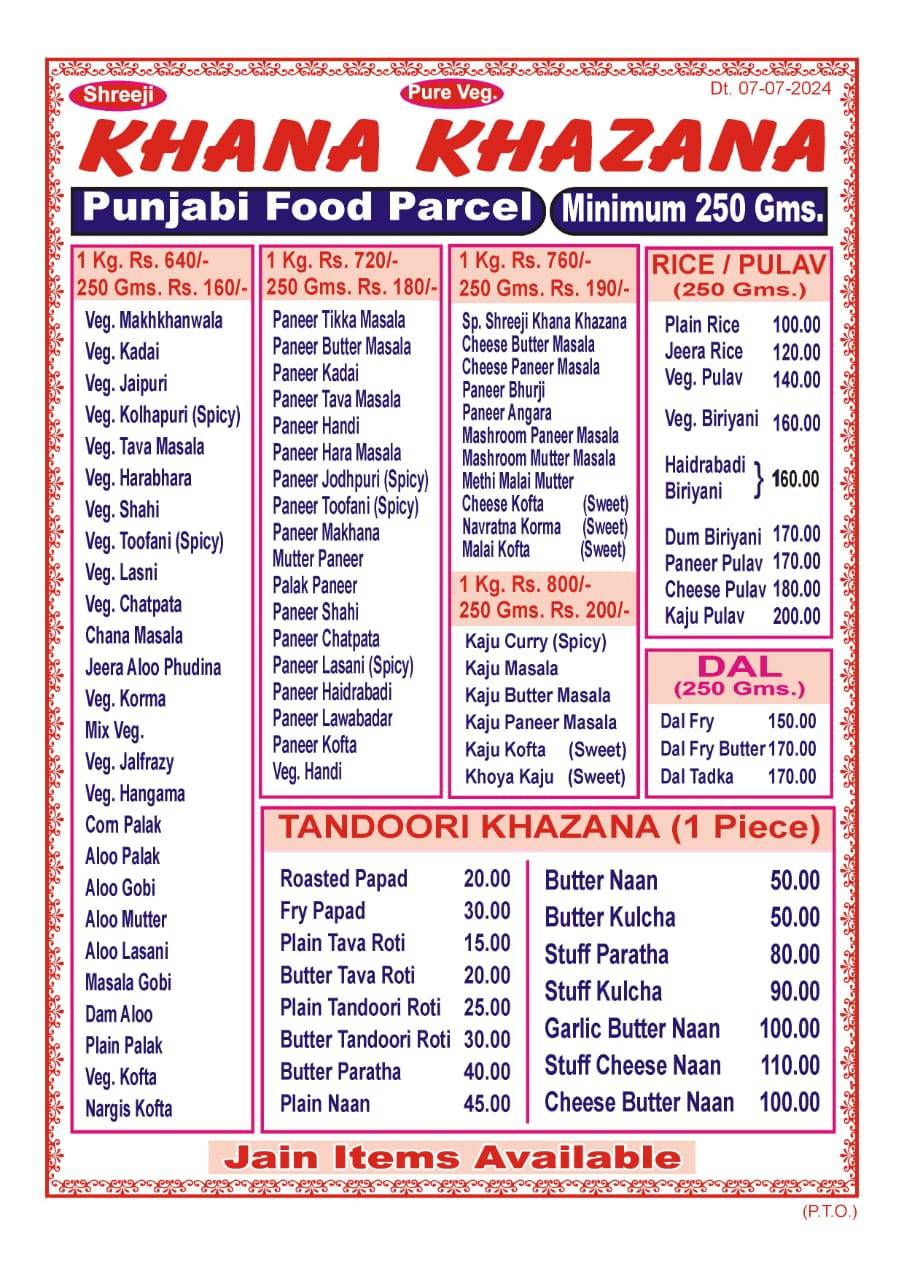 Shreeji Khana Khazana menu