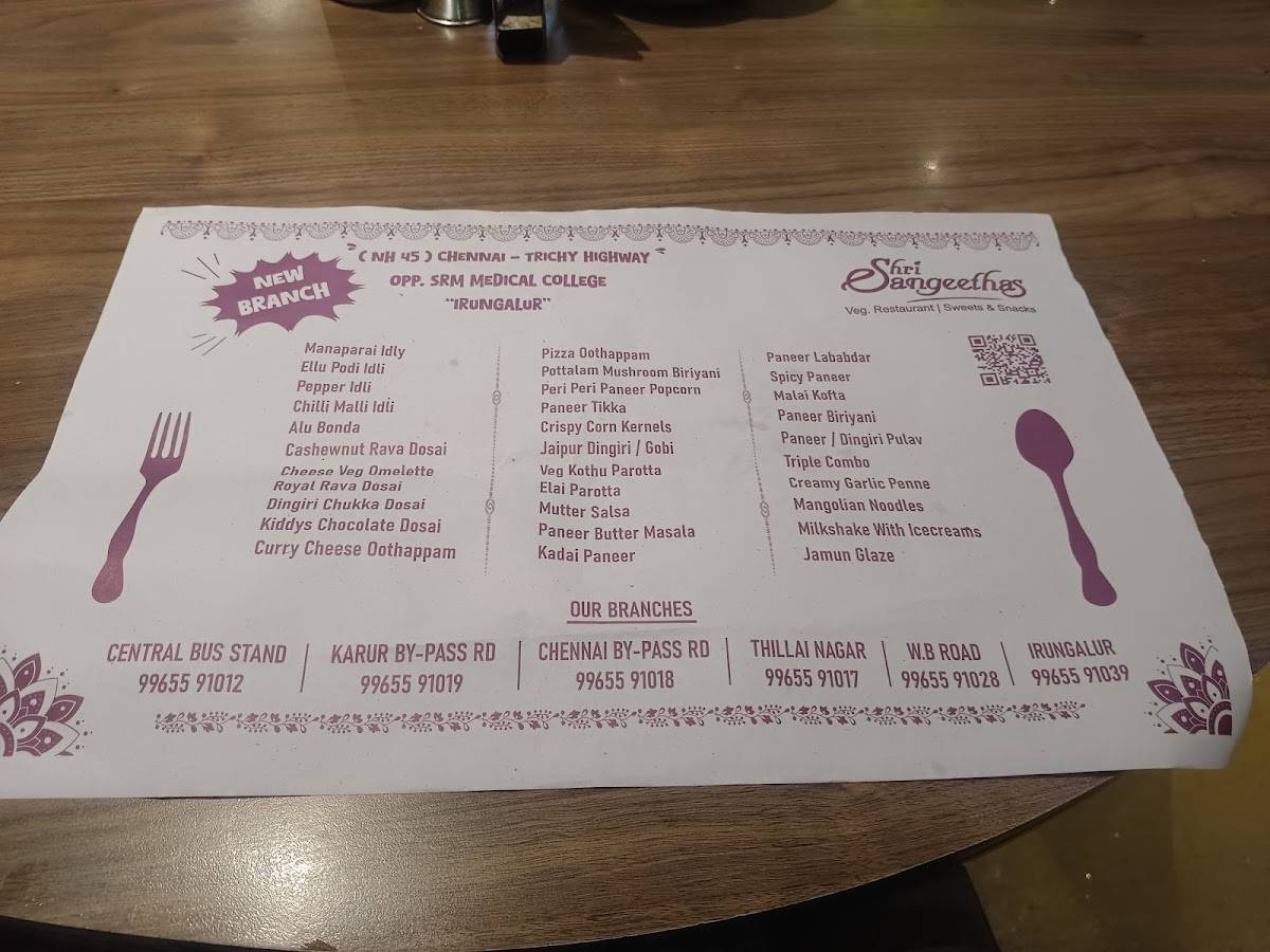 Shri Sangeethas (Thillainagar, Trichy) Veg. Restaurant Sweets Savouries menu