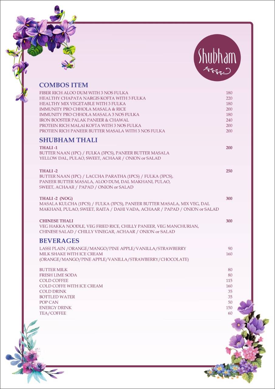 Shubham Banquets menu